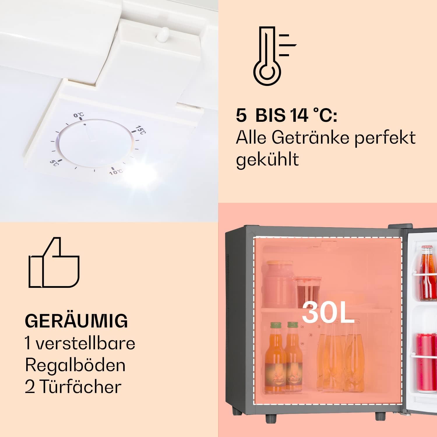 Klarstein Mini Kühlschrank für Zimmer, 30L Mini-Kühlschrank für Getränke, Snacks & Kosmetik, Kleine Minibar, Kühlschrank Klein & Leise, Kleiner Skincare Kühlschrank für Zimmer & Büro 5-15°C