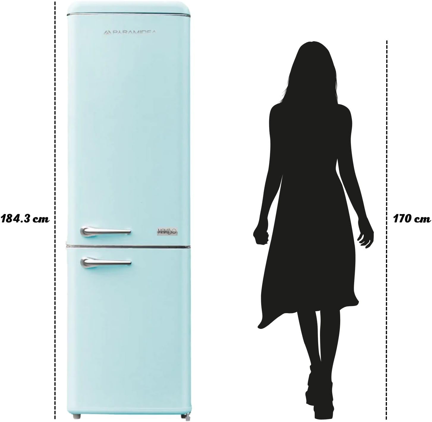 PYRAMIDEA Réfrigérateur Combiné Vintage Rétro Mambo Couleur Bleu clair Capacité 300 Bruts (nets 187 L Frigo + 57 L Freezer) Mambo309LB