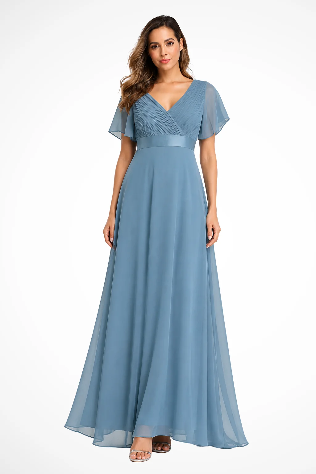 Maxikleid Damen aus Chiffon | Festliches Kleid f��r Hochzeitsg?ste mit V-Ausschnitt und Flatter?rmeln | Flie?endes Abendkleid