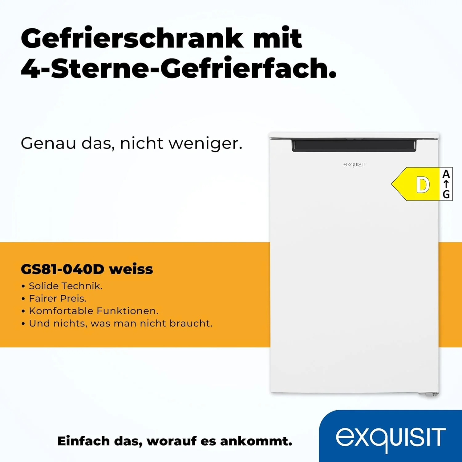 Exquisit congelador vertical, 87L, 4 estrellas, clase D, Color blanco, 3 cajones, método descongelación manual, termostato ajustable, puerta reversible, 40 db, consumo 132 kwh/año, 85,5x54,5x58 cm