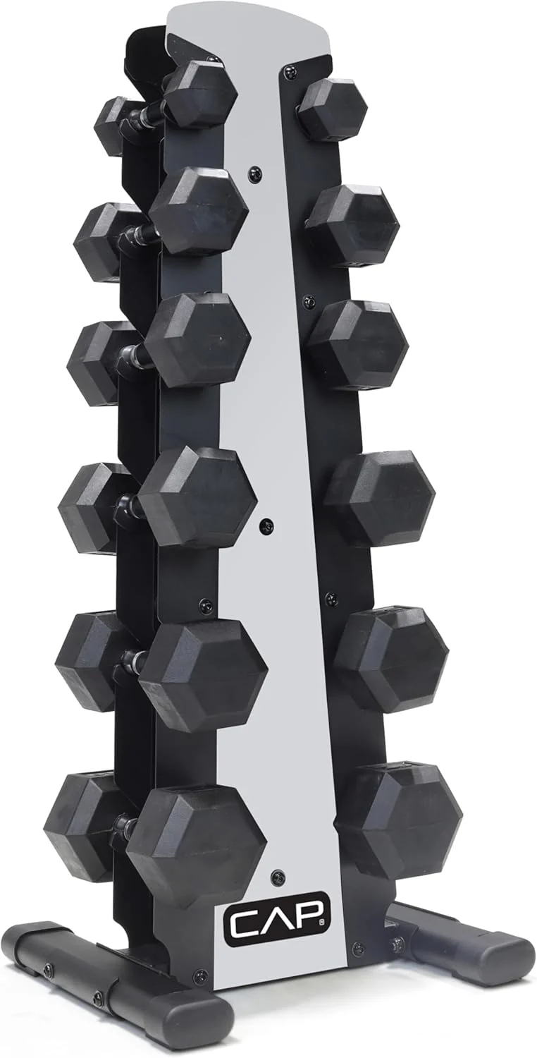 CAP Barbell Rubber Coated Dumbbell Weight Set with Vertical Rack | 100 lb, 150 lb, and 210 lb Options