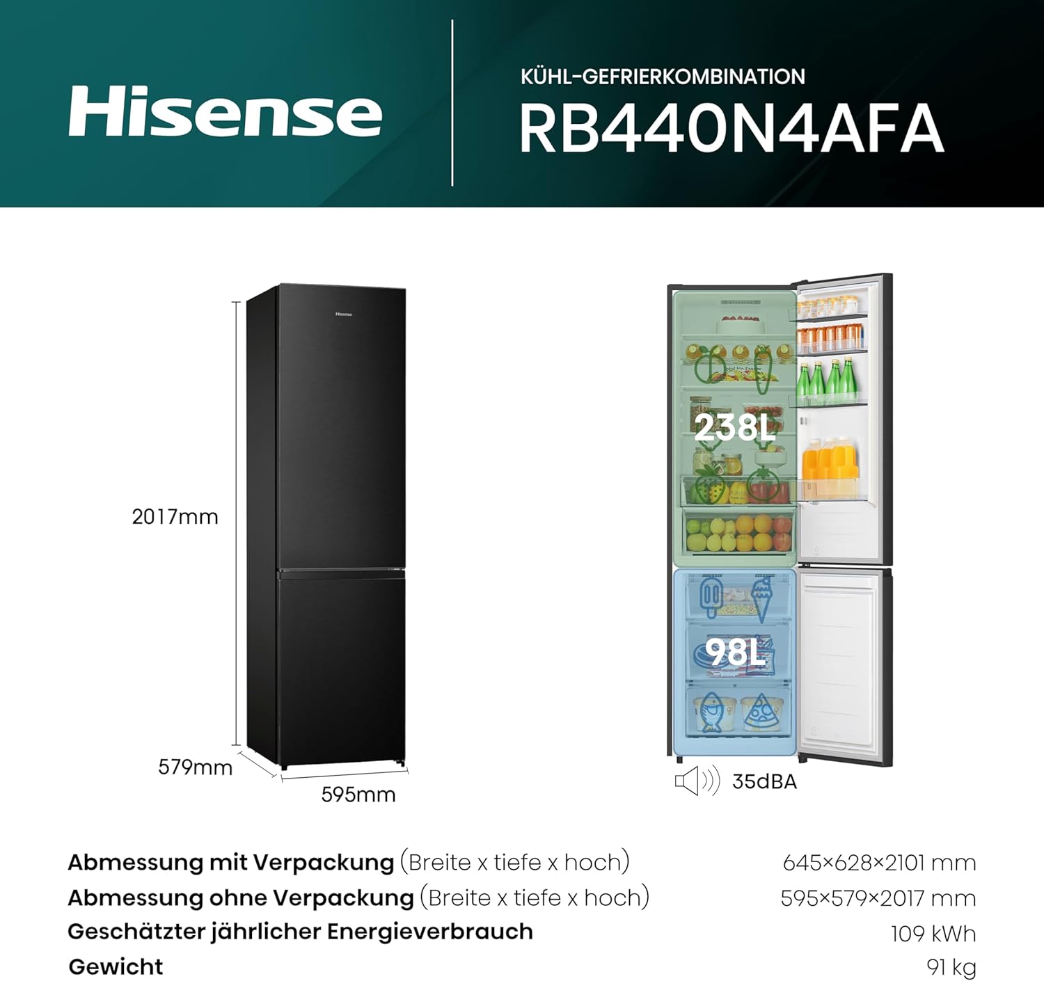 Hisense RB327N4ADD Fridge-Freezer Combination, EEK D, Total NoFrost, Interchangeable Door Hinge, Bottle Grid, 171 Litre Fridge Compartment, 85 Litre Freezer Compartment, Stainless Steel Look