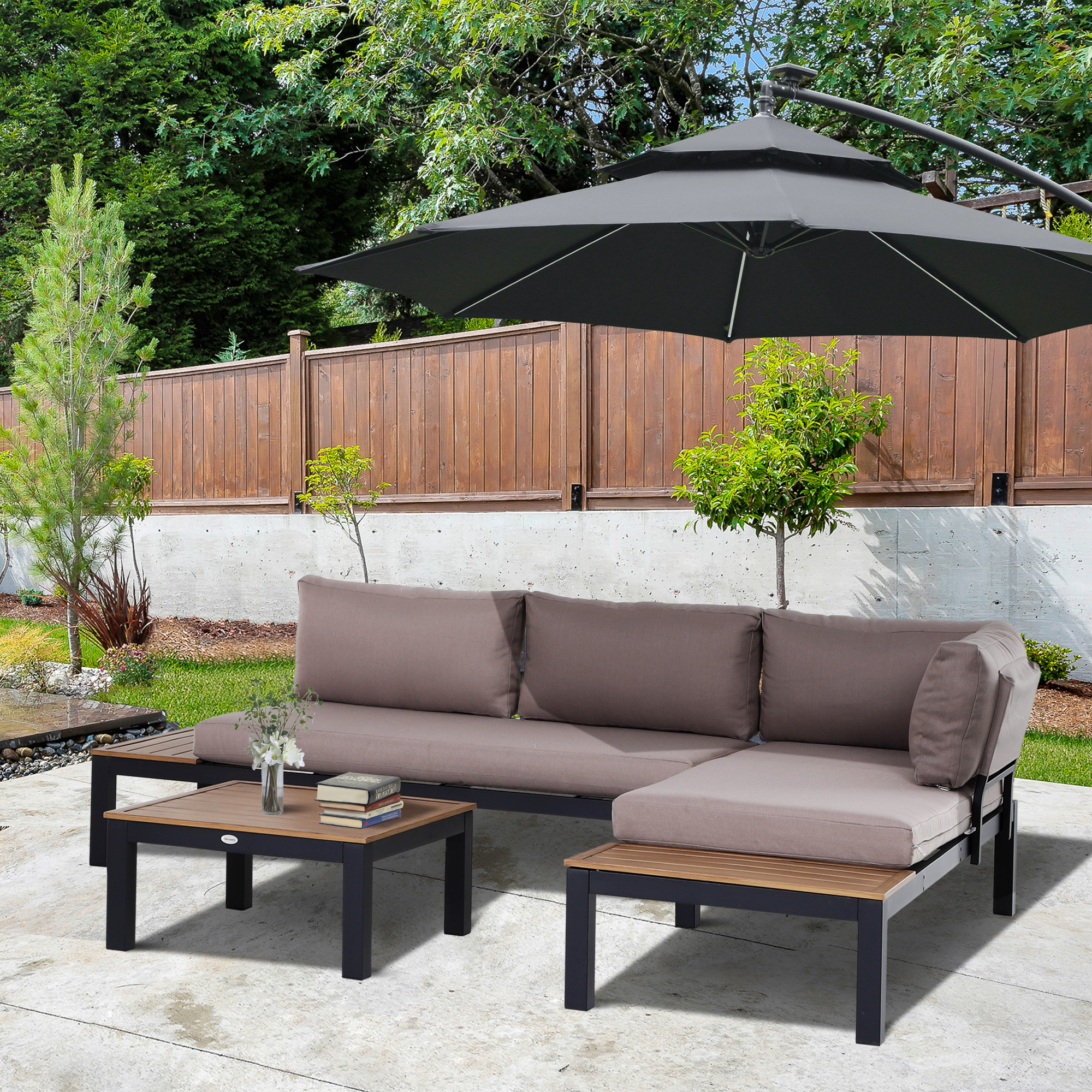 Outsunny tuinset aluminium tuinbank 164cm tuintafel 63cm tuin comfort meubilair, Grijs + natuur