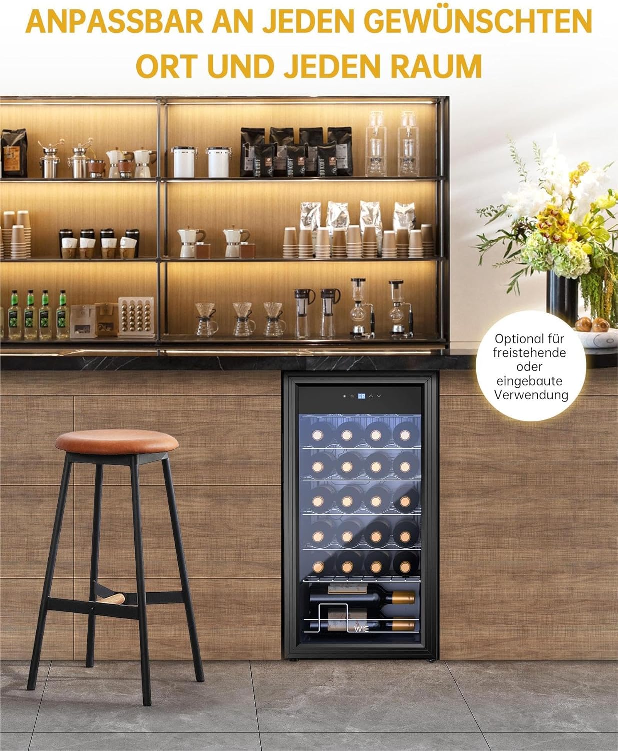 WIE Weinkühlschrank Compressor 82 Liter 28 Flaschen Getränkekühlschrank Kleiner Weinschrank Klein mit Glastür,Vollglas-Designtür mit LED Touchpanel,Anti-UV, Wine Fridge 5-18°C