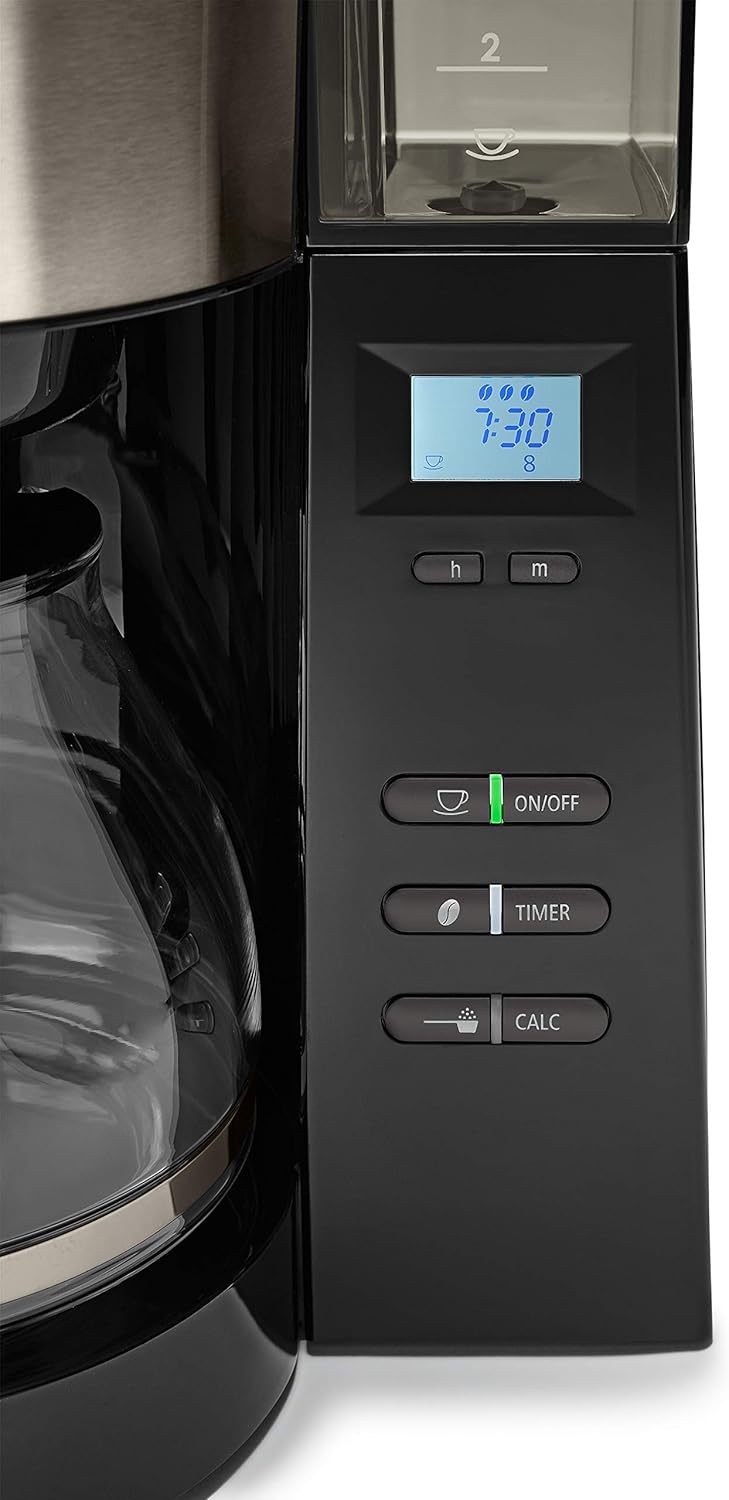 Melitta AromaFresh - Filterkaffeemaschine - mit Glaskanne - integriertes Mahlwerk - Timer Funktion - 10 Tassen - Pure Black