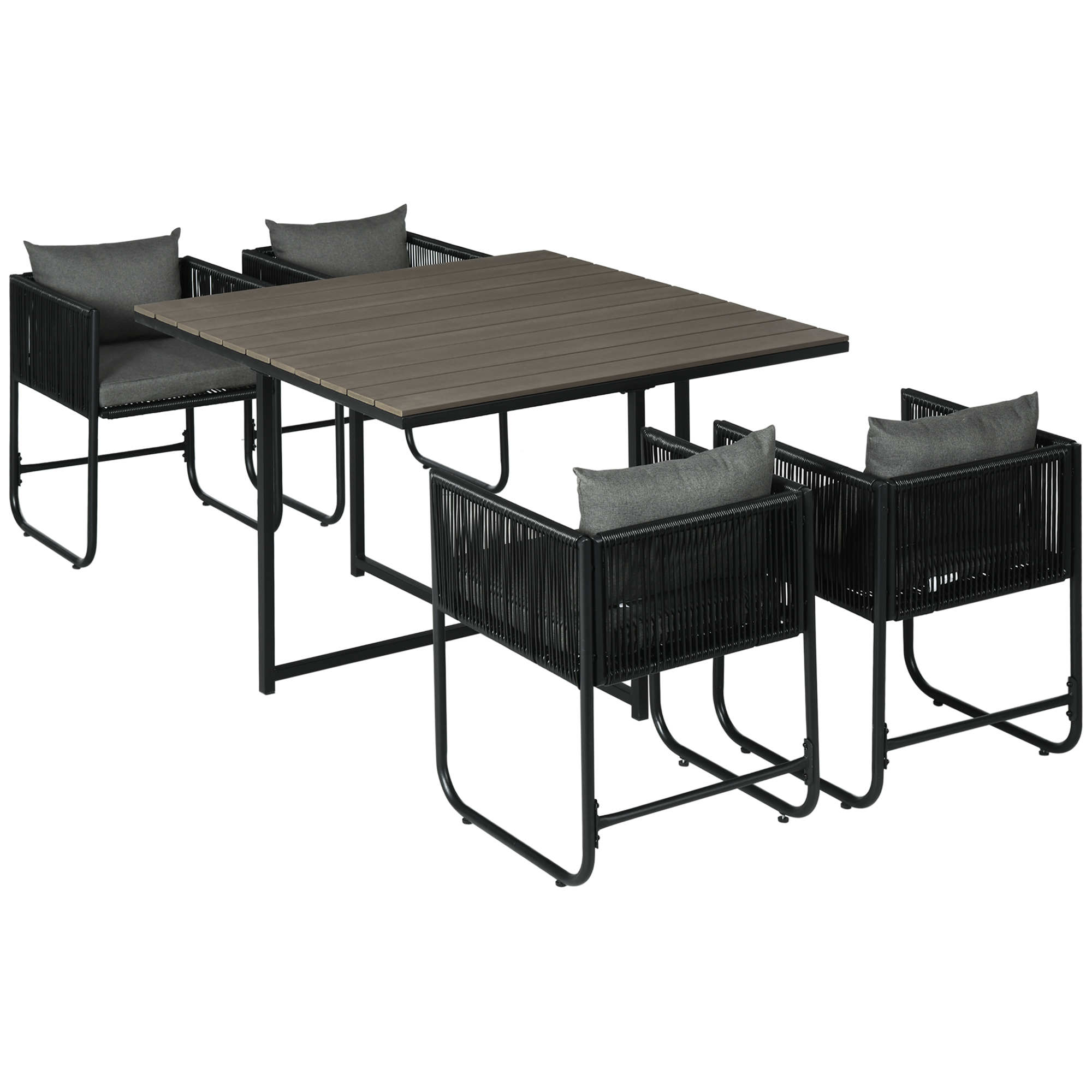 5-delige tuinset, polyrattan, inclusief zitkussens, weerbestendig, zwart/grijs