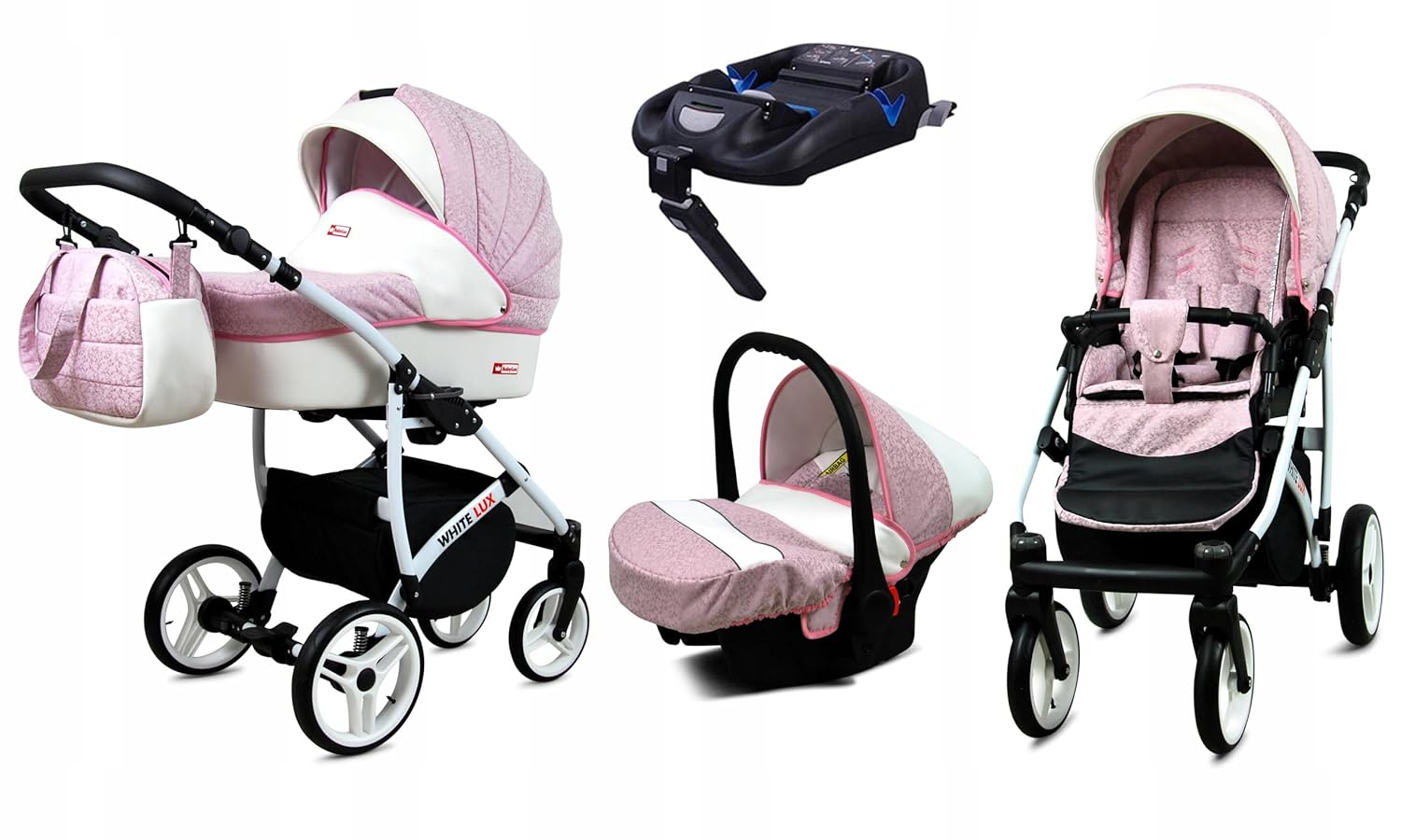 BabyLux® Bambimo Kinderwagen Set 3 in 1 - White Lux - incl. Babywanne, Buggy Sportsitz, Auto-Babyschale - Autositz - Kinderwagenset - Kombikinderwagen mit Wickeltasche, Regenschutz usw.