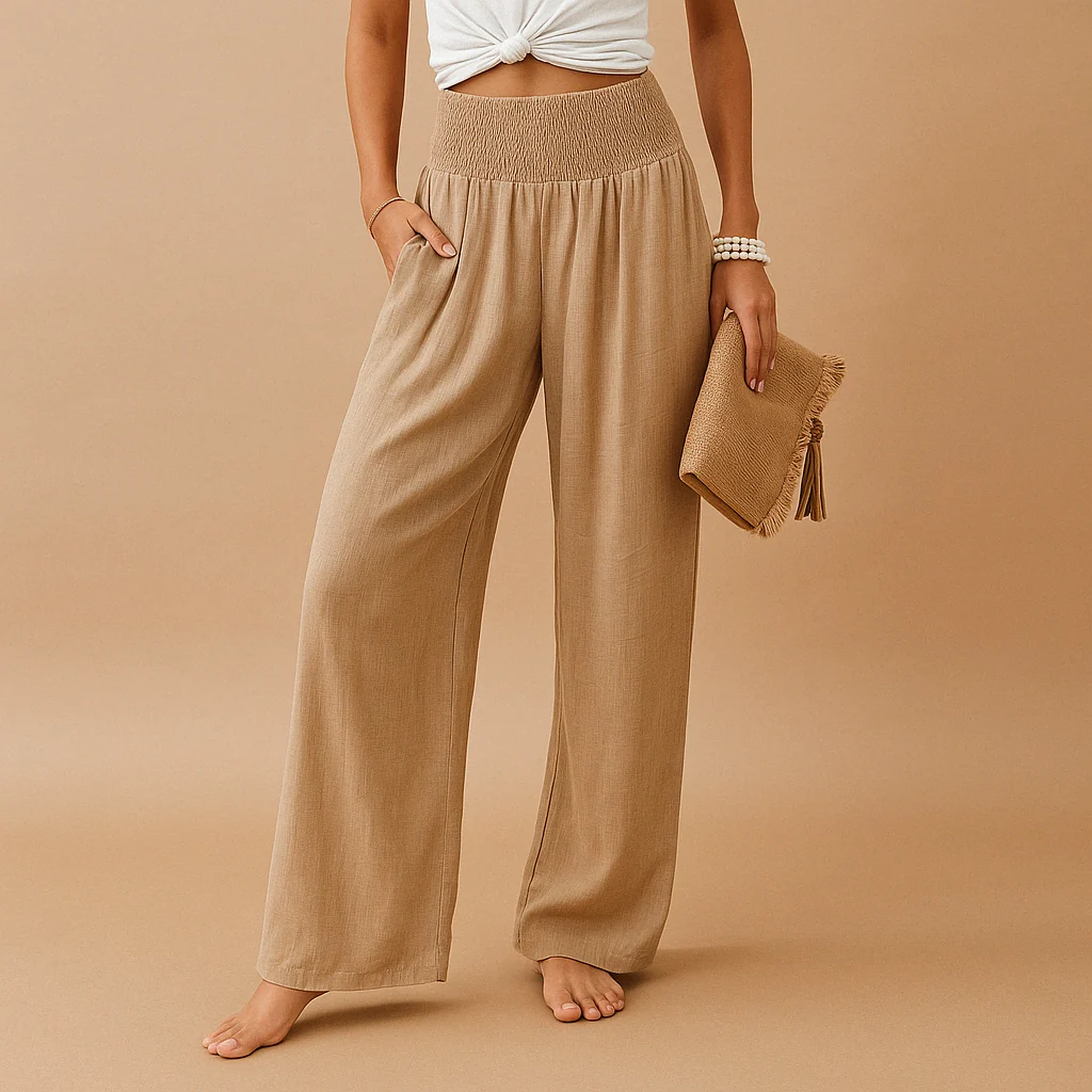 Damen Leinenhose mit elastischem Bund | Luftige Sommerhose aus Baumwolle-Leinen-Mix | Bequeme Stoffhose mit geradem Schnitt