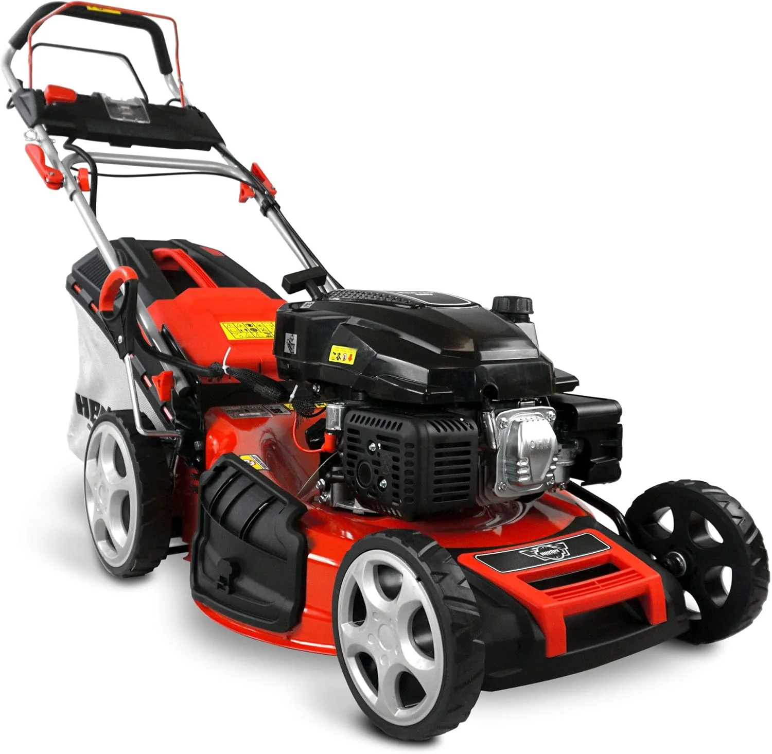 HECHT 5-IN-1 Benzin Rasenm?her �C leistungsstarker 4 Takt Eco Motor 4,4 kW (6,0 PS) �C Elektrostart �C 53 cm Schnittbreite �C 75 l Fangkorb �C Radantrieb �C patentierte R?der �C Mulchm?her