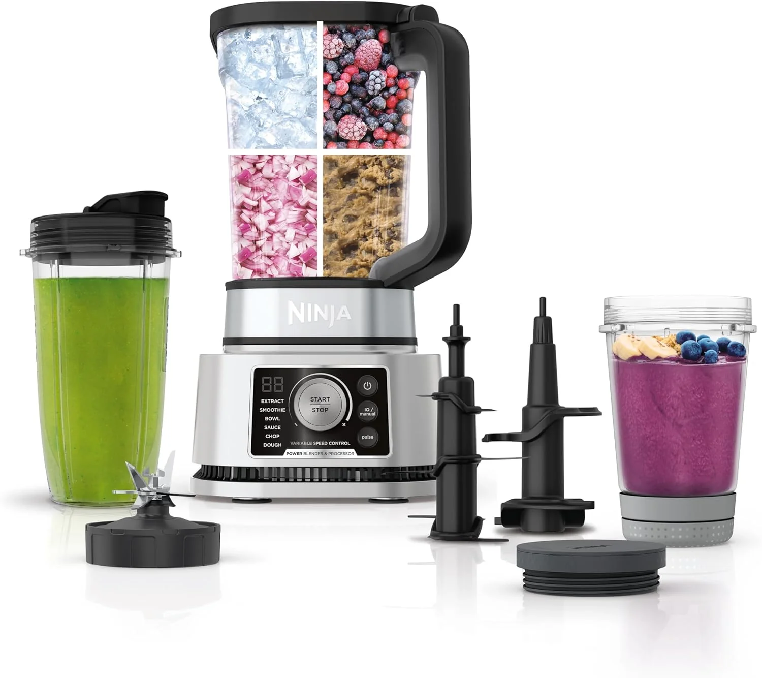 Ninja Blender. Compact Kitchen System. 1200W. 3 Functions for Smoothies. Dough & Frozen Drinks with Auto-IQ. 72-oz.* Blender Pitcher. 40-oz. Processor Bowl & 18-oz. Single-Serve Cup. Grey. AMZ493BRN