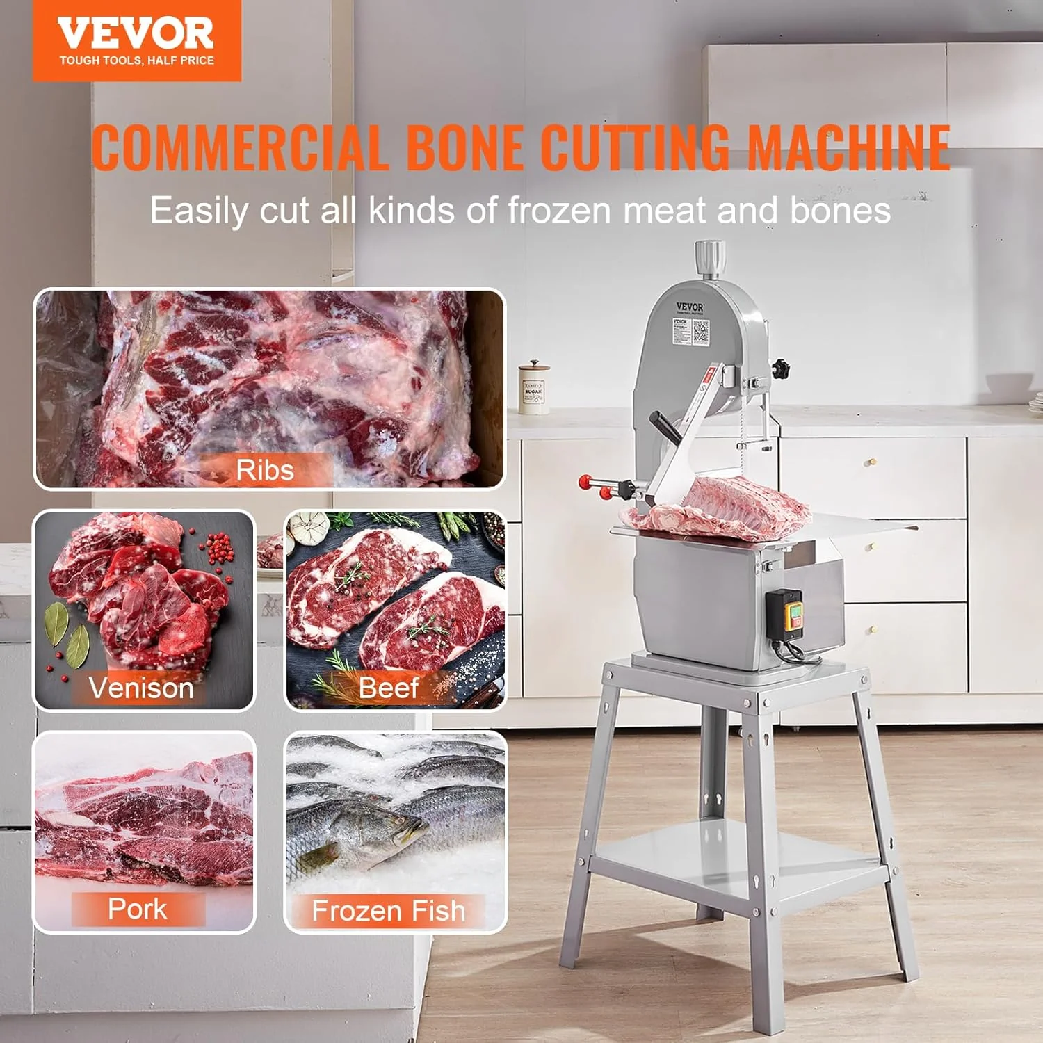 VEVOR Sierra Eléctrica Comercial para Huesos de Carnicero Sierra de Cinta para Huesos 1500 W 300 kg/h Sierra Eléctrica para Carne Congelada y Huesos Espesor 4-200 mm para Restaurante 54x49,5x142 cm