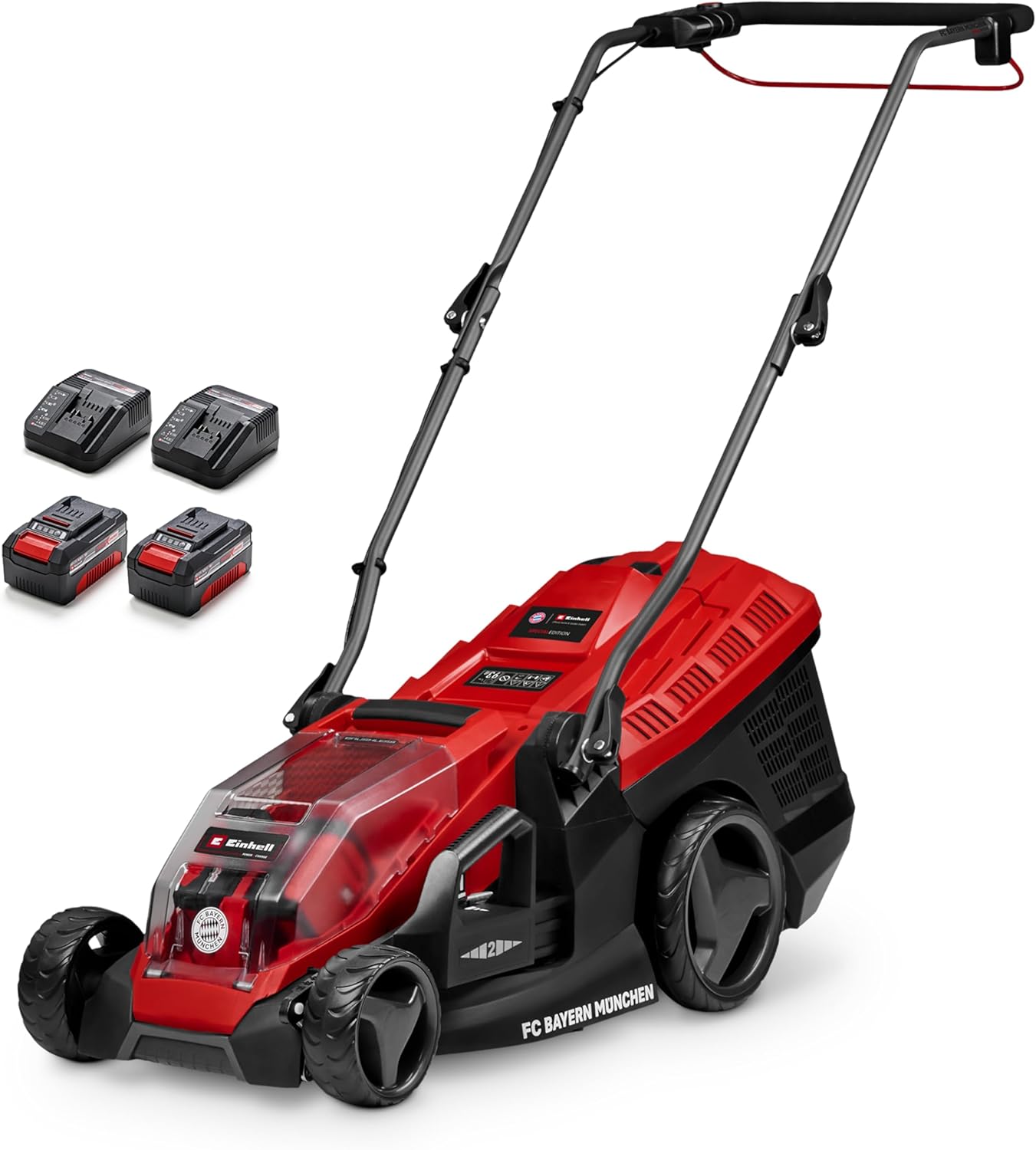 Einhell Akku-Rasenmäher GE-cm 36/36 Li Kit FC Bayern Power X-Change (36 V, 36 cm Schnittbreite, bis 400 m², Brushless, 25-75 mm Schnitthöhe, inkl. 2X 4 Ah Akku und 2X Ladegerät)