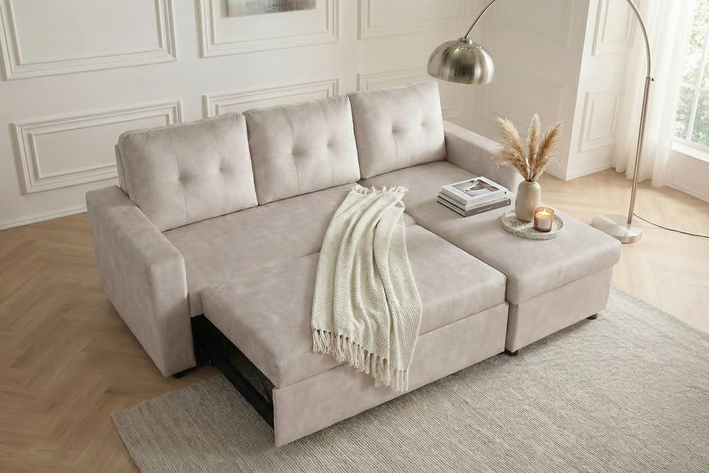 Riess Ambiente Ecksofa Apartment - 205cm - beige, 3-Sitzer mit Bettfunktion und Stauraum, beidseitig montierbar