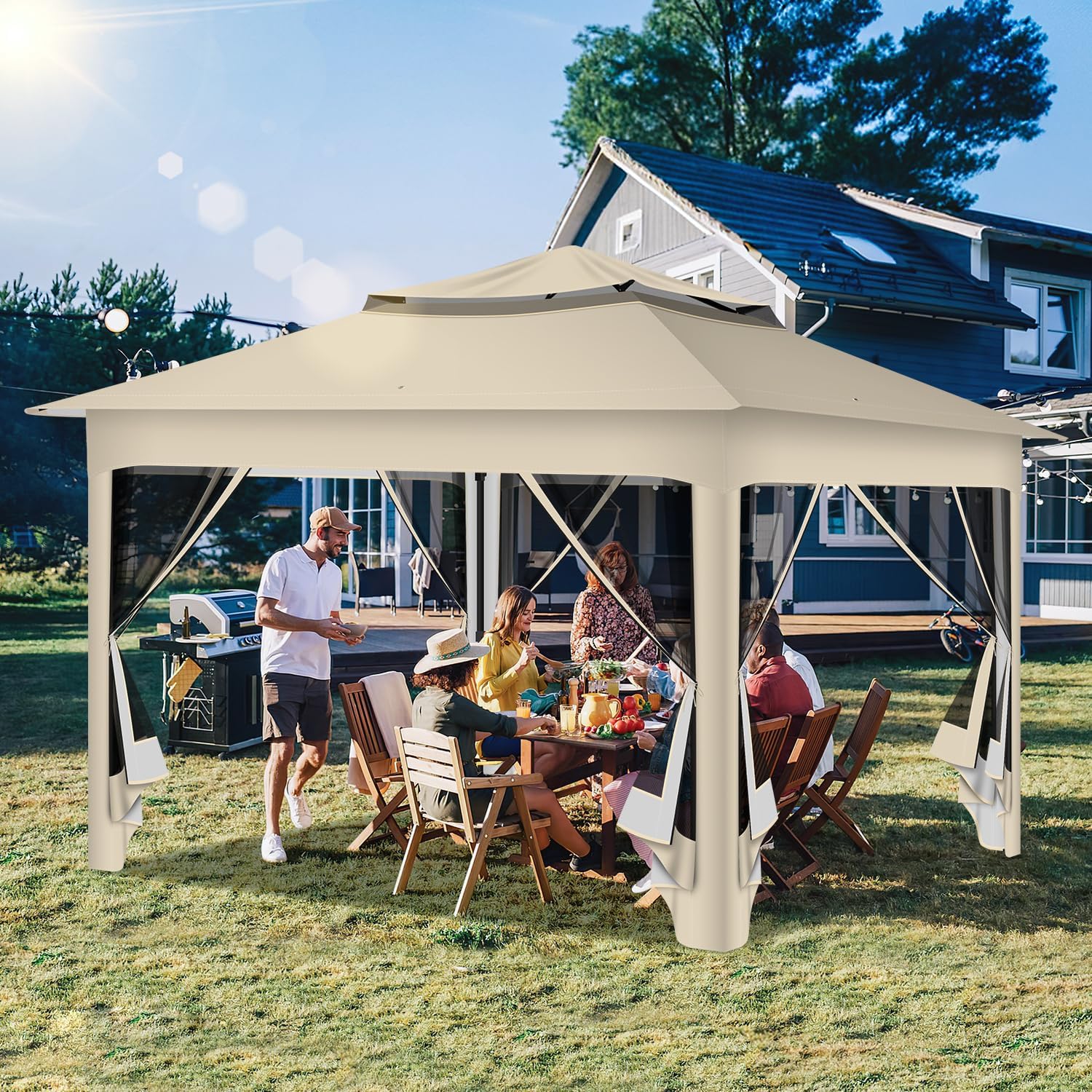 Gartenpavillon 3x3m Wasserdicht UV-beständig, Pavillon mit 4 Seitenteilen, Höhenverstellbar, Stabil Partyzelt mit Sandsäcken & Tragetasche mit Rädern für Garten Party Camping, Beige