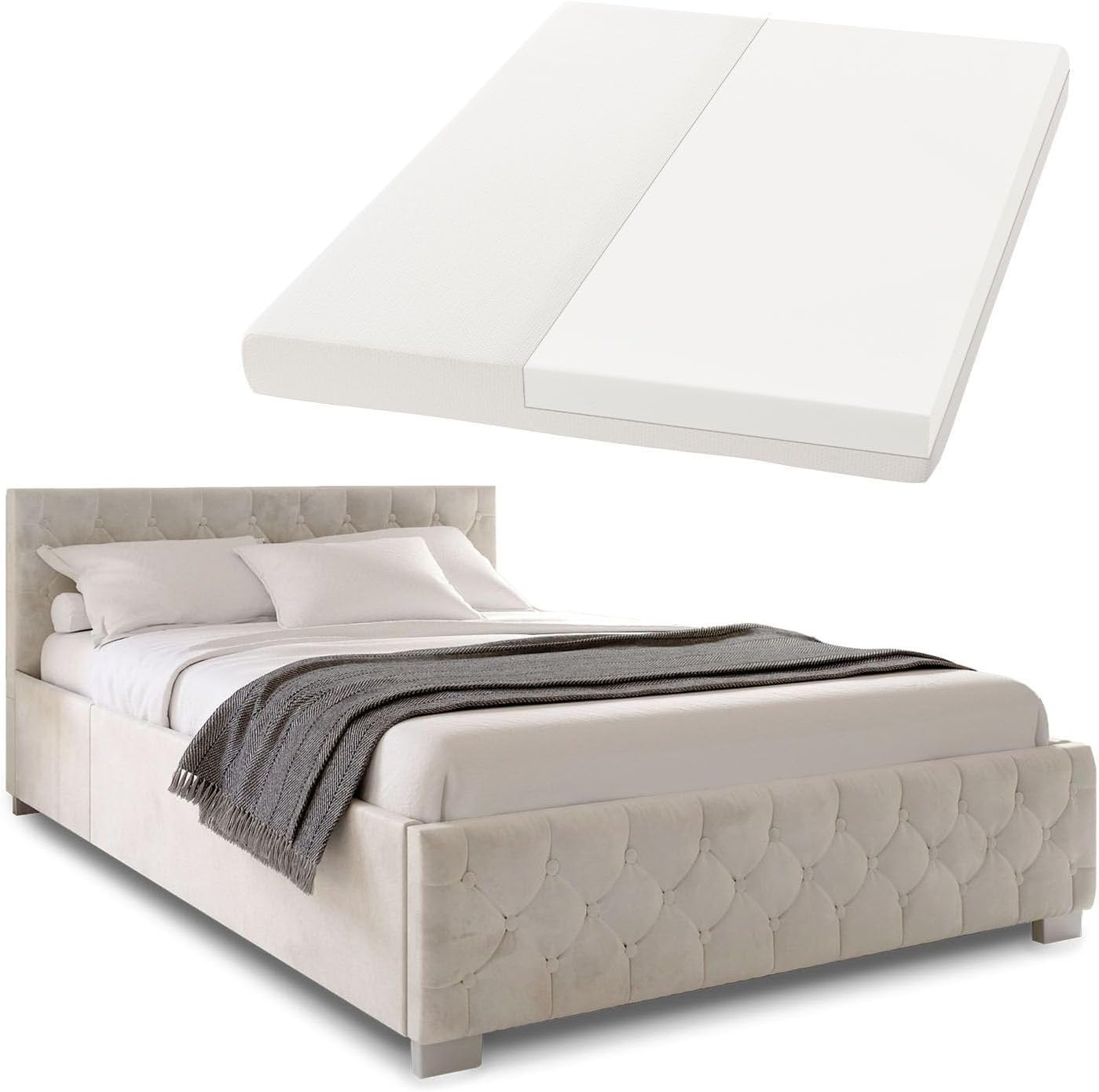 Juskys Polsterbett Nizza 120x200 cm mit Matratze, Bettgestell mit Lattenrost, Stauraum & LED Beleuchtung, Samtbezug, Chesterfield-Steppung, Beige