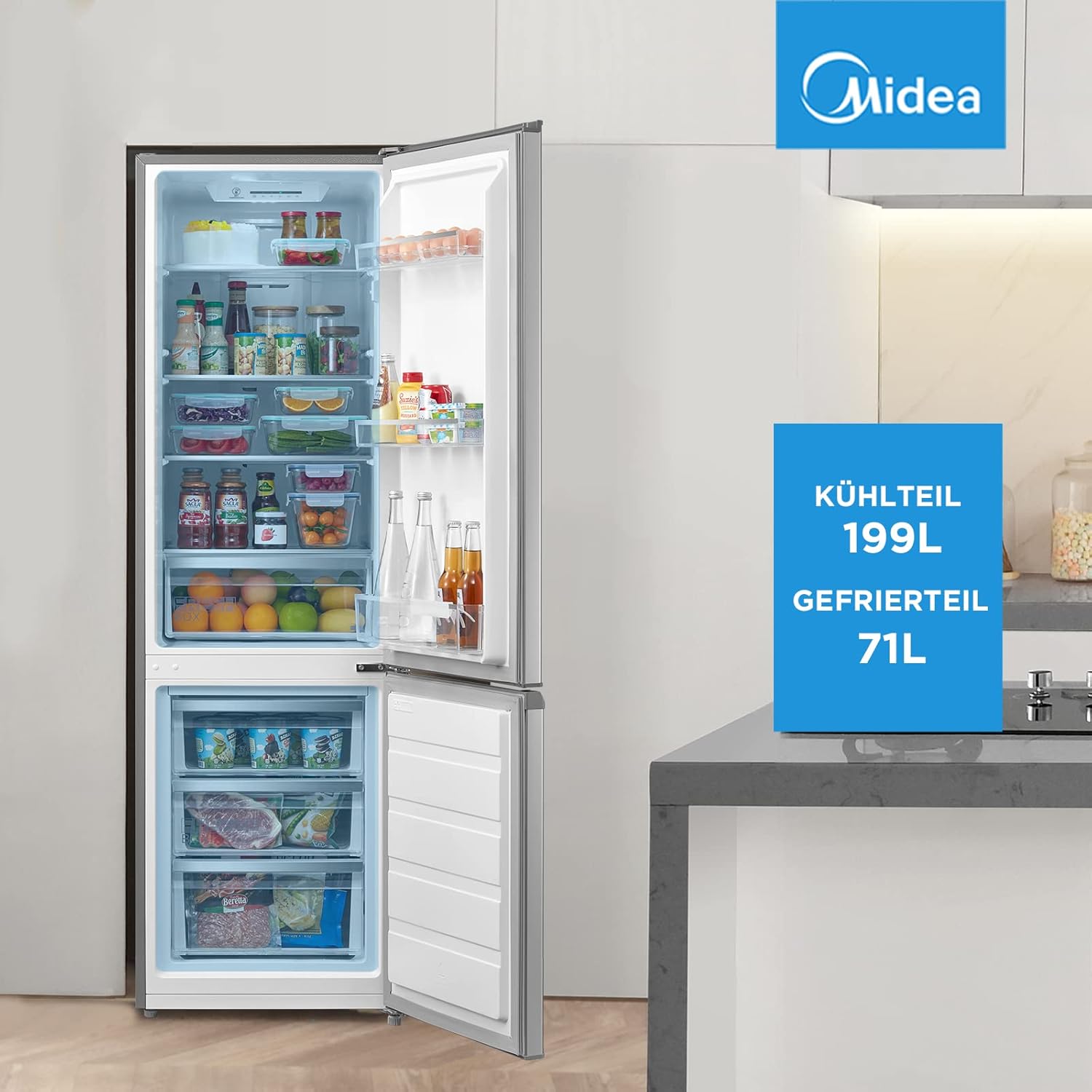 Midea MERB276FGE02A Fridge/Freezer Combination, 180 cm Height, NoFrost, Double Control, Super Cooling Function, 219 kWh per Year, Fridge Capacity 199 L, 71 L Freezer Capacity