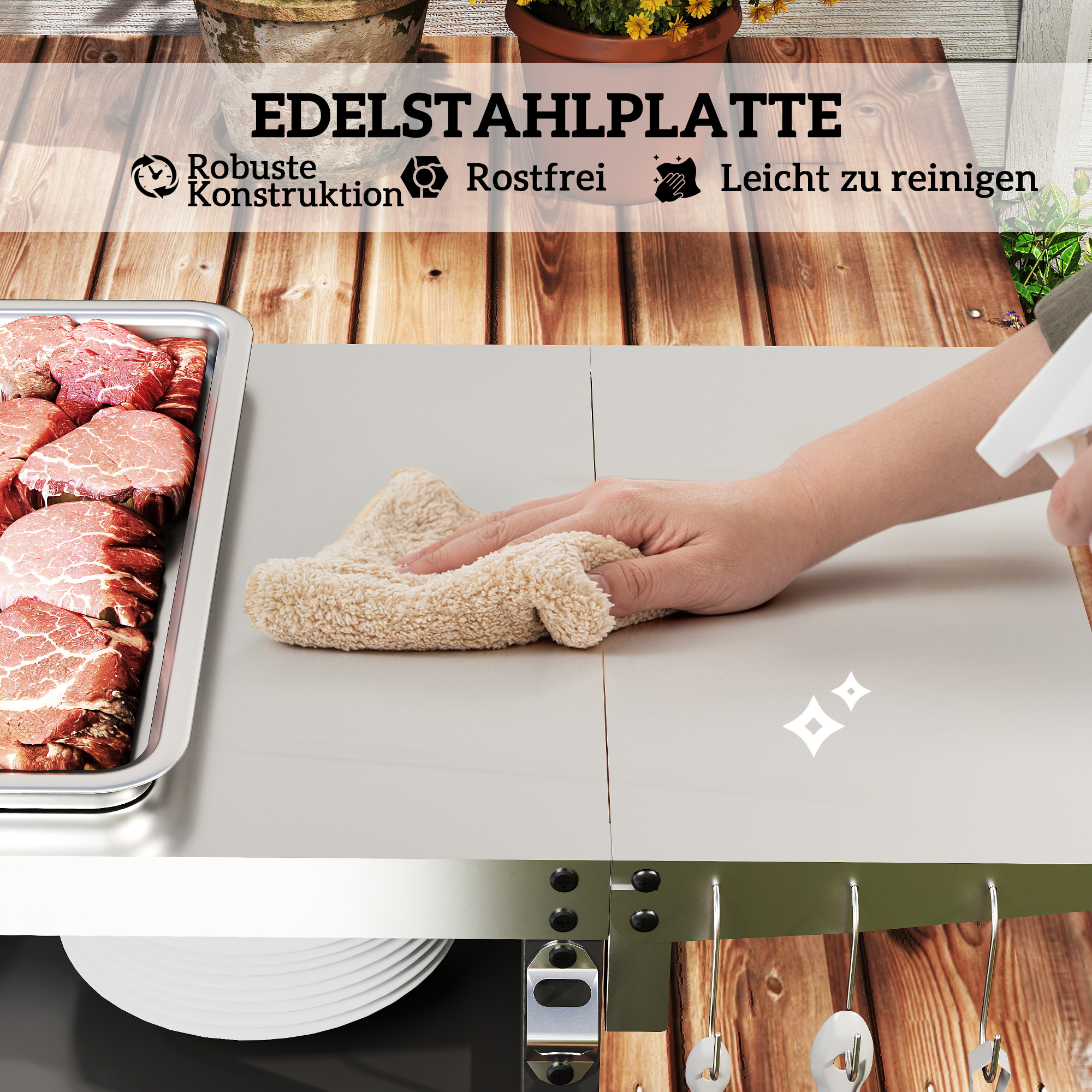 Outsunny Grillwagen met 3 Niveaus Serveerwagen met Werkblad Schrank Haken Wieltjes 116x50x93cm Zwart