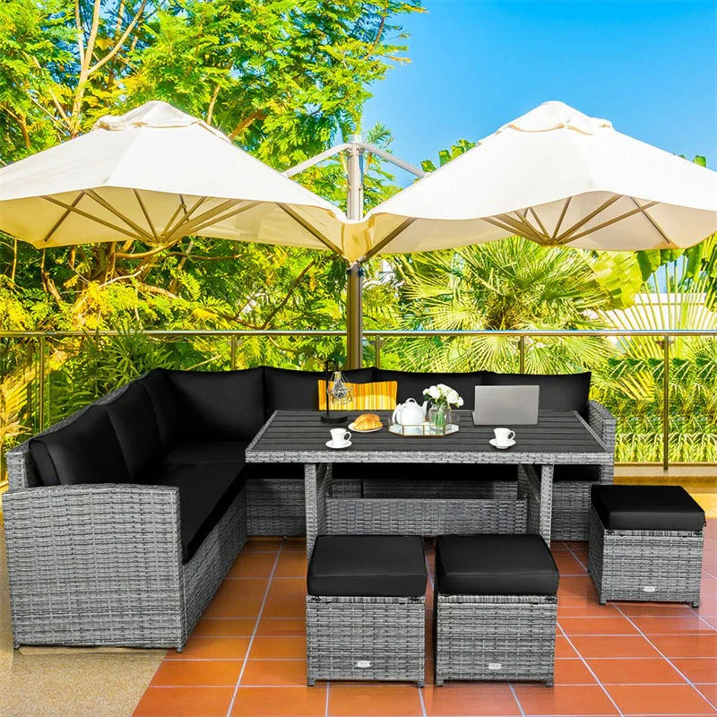 7 Pcs Rattan Patio Dining Furniture Sectional Sofa Set with Dining Table, Ottomans & Cushions
