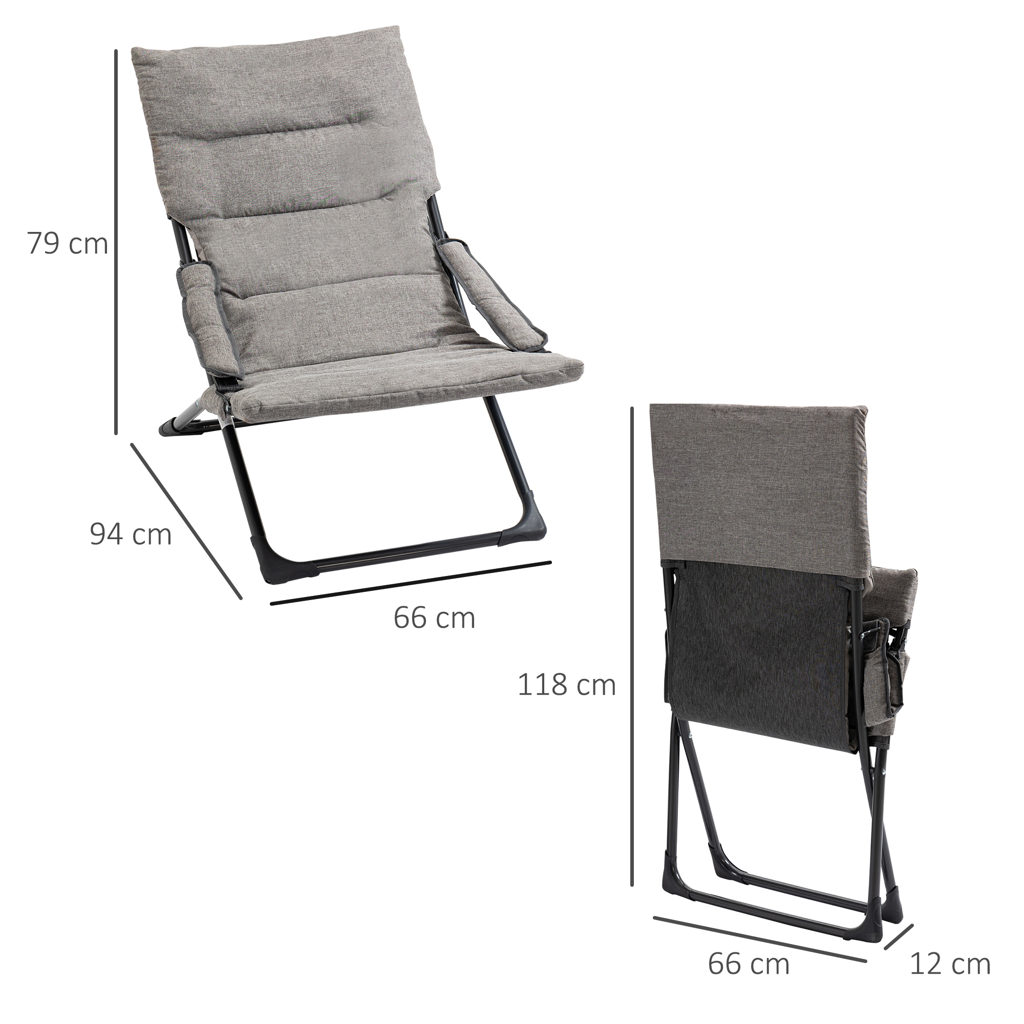 klapstoel met verwijderbaar kussen tuinstoel campingstoel ligstoel zitmeubel tuin terras balkon textiel staal grijs 66 B x 94 D x 79 H cm