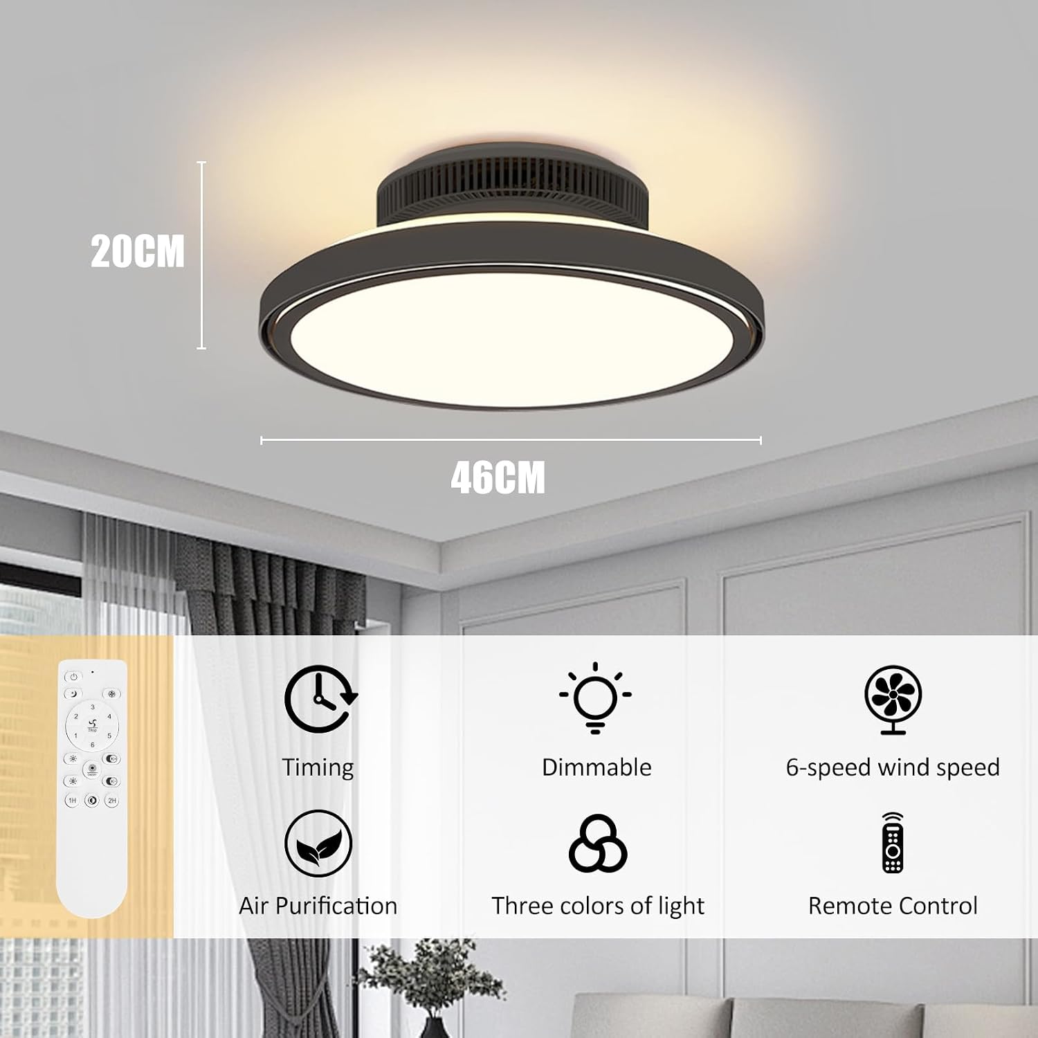 Blattloser Deckenventilator mit Beleuchtung und Fernbedienung Leise, 3000-6000K Dimmbares LED Deckenleuchte mit Ventilator mit 6 Windgeschwindigkeiten und Timer-Funktion, Schwarz
