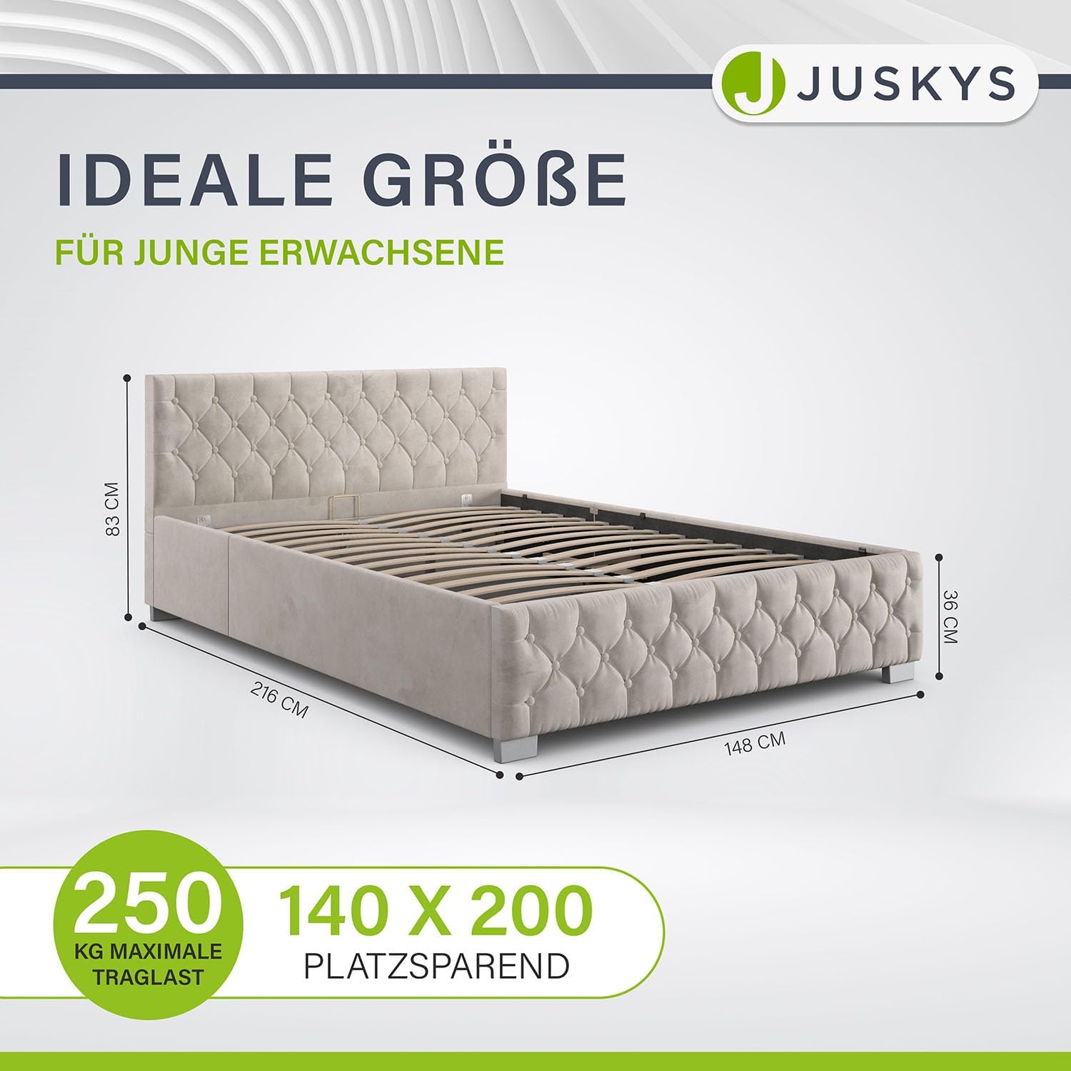 Juskys Polsterbett Nizza 140x200 cm Samt mit Stauraum, LED Beleuchtung & Lattenrost - Chesterfield Steppung & Kopfteil - Bett Bettgestell - Beige