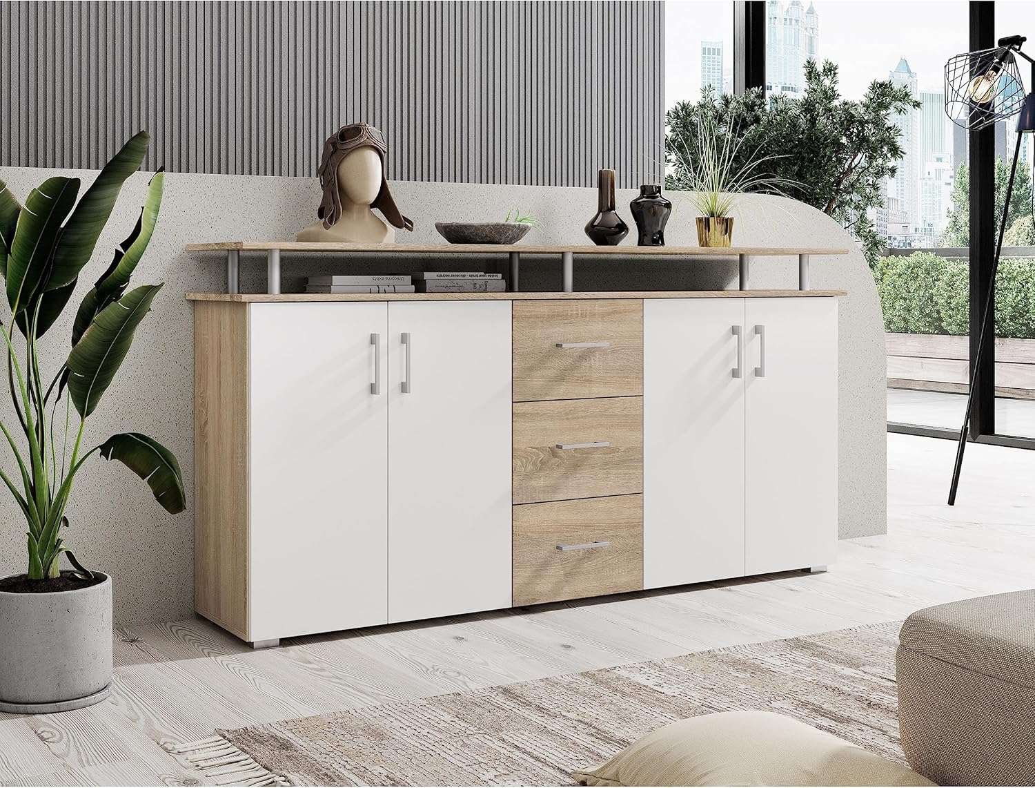 Stella Trading Highboard mit Ablage in Eiche Sonoma Optik, Weiß - Moderner Wohnzimmerschrank mit Schubladen und viel Stauraum für Ihren Wohnbereich - 178 x 90 x 38 cm (B/H/T)