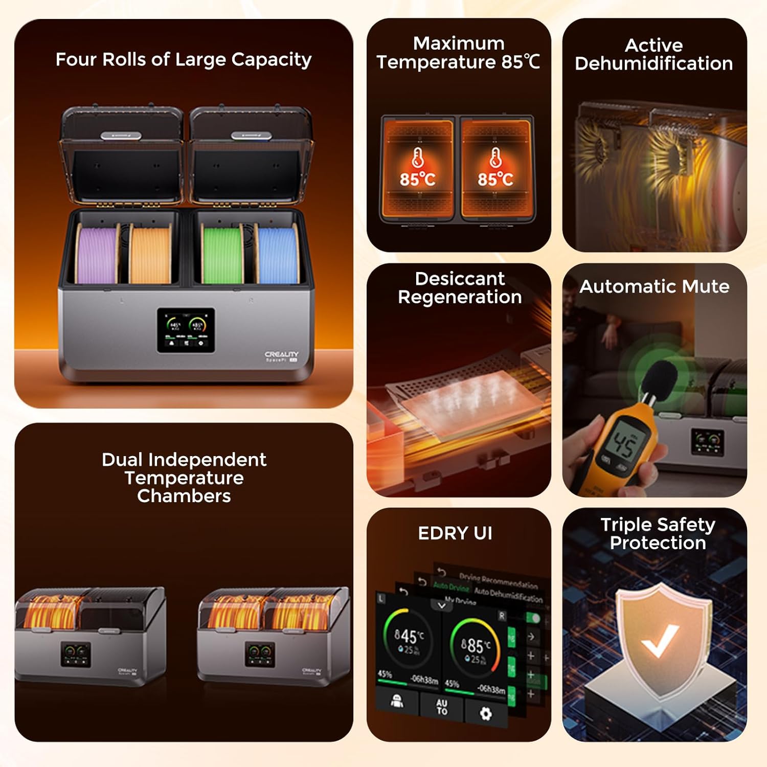 Creality SpacePi X4 Filament Trockner, 4 Spulen Filament Dryer mit 2 Unabhängige Heizkammern, Filamenttrockner Box 85 °C maximale Temperatur,Energiespar-Aufbewahrungsmodus für PLA TPU PETG ABS Nylon