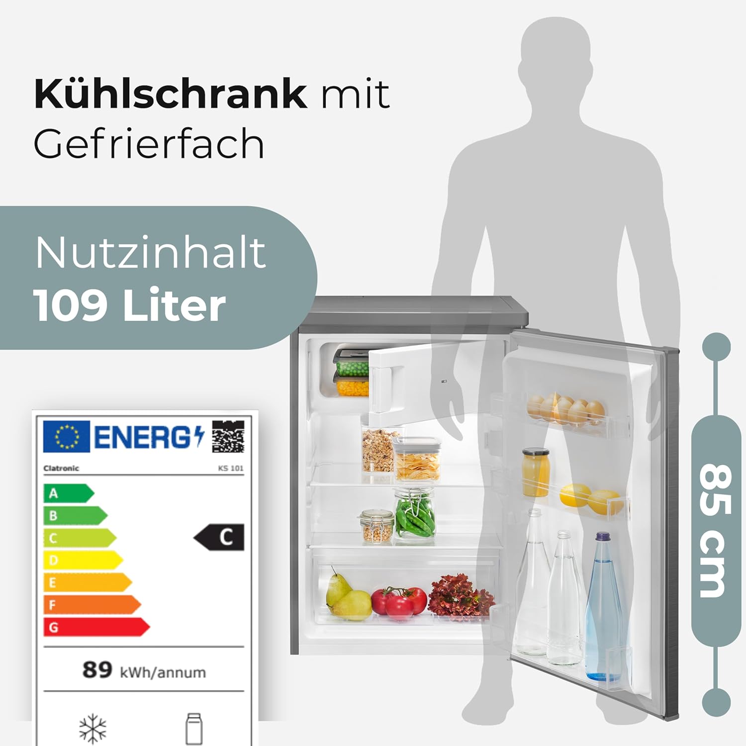 Clatronic Kühlschrank mit Gefrierfach Energieklasse C 85cm Kühl schrank klein leise 37dB Türanschlag wechselbar 0°C - 8°C 109L Fridge kleiner Kühl-schrank KS 101 inox