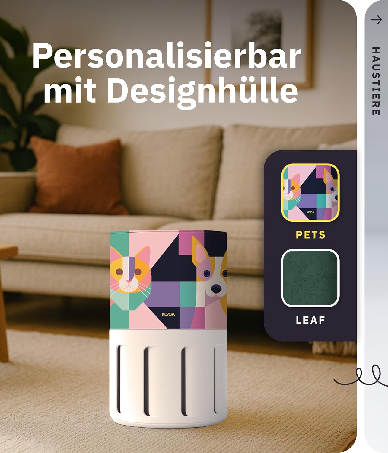Klyqa Luftreiniger Allergiker 360° HEPA-Filter Pet entfernt 99,99% der Tierhaare, Staub & Pollen I 300 CADR I 21,5Db Geräuscharmer Luftfilter I Smart Air purifier gegen Tierhaar I Server in DE