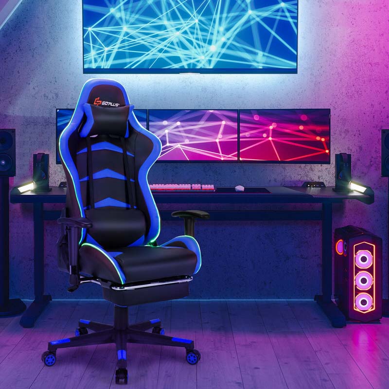 Led Massage Gaming Chair Height Adjustable Racing Computer Office Chair With Footrest Ergonomic High Back Pu Swivel Game Chair - Comfortable And Ergonomic Design