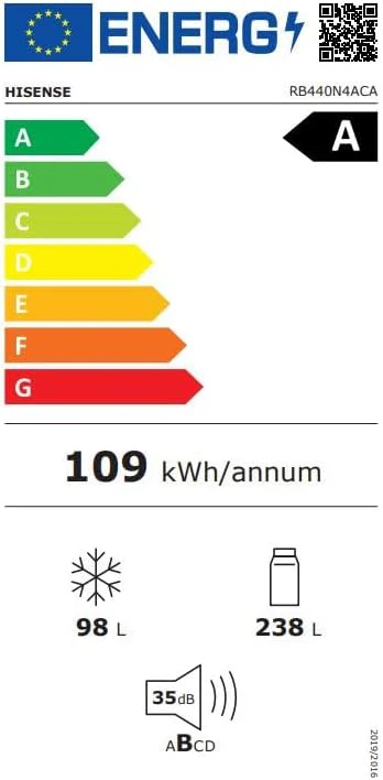 Hisense RB327N4ADD Koelvriescombinatie, EEK D, Total NoFrost, Verwisselbare Deurscharnieren, Flessenrek, 171 Liter Koelgedeelte, 85 Liter Vriesgedeelte, Roestvrijstalen look