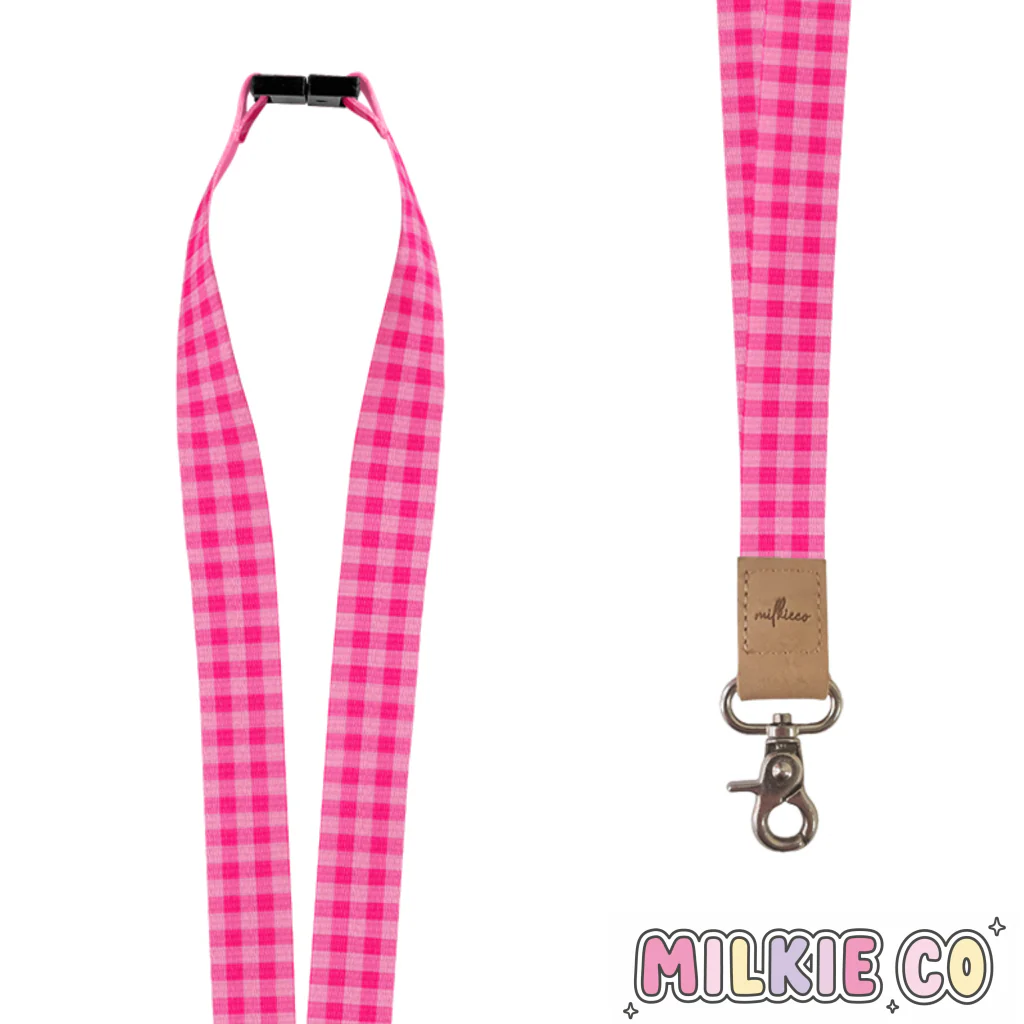 Raspberry Gingham Fabric Lanyard
