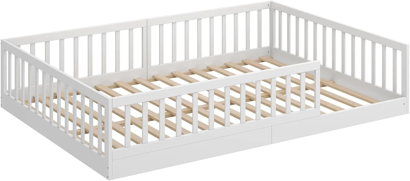 CADANI Timi 2-in-1 Vloerbed 140x200 cm Montessori Kinderbed met uitneembare valbeveiliging incl. lattenbodem, massief grenenhout, wit - 3 opbouwmogelijkheden, belastbaar tot 200 kg, ombouwbaar