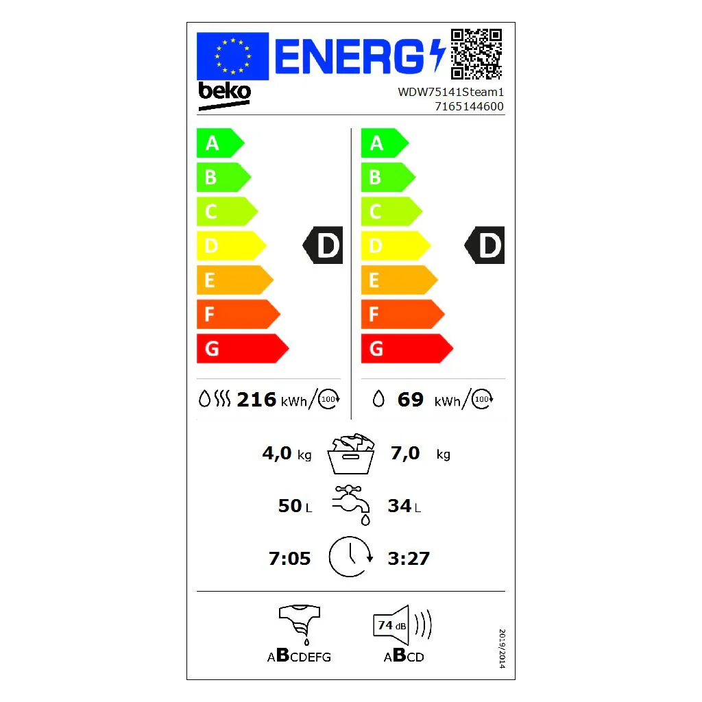 Beko was-droogcombinatie met XL-deur BT, 1400 tpm, stoomfunctie WDW75141Steam1