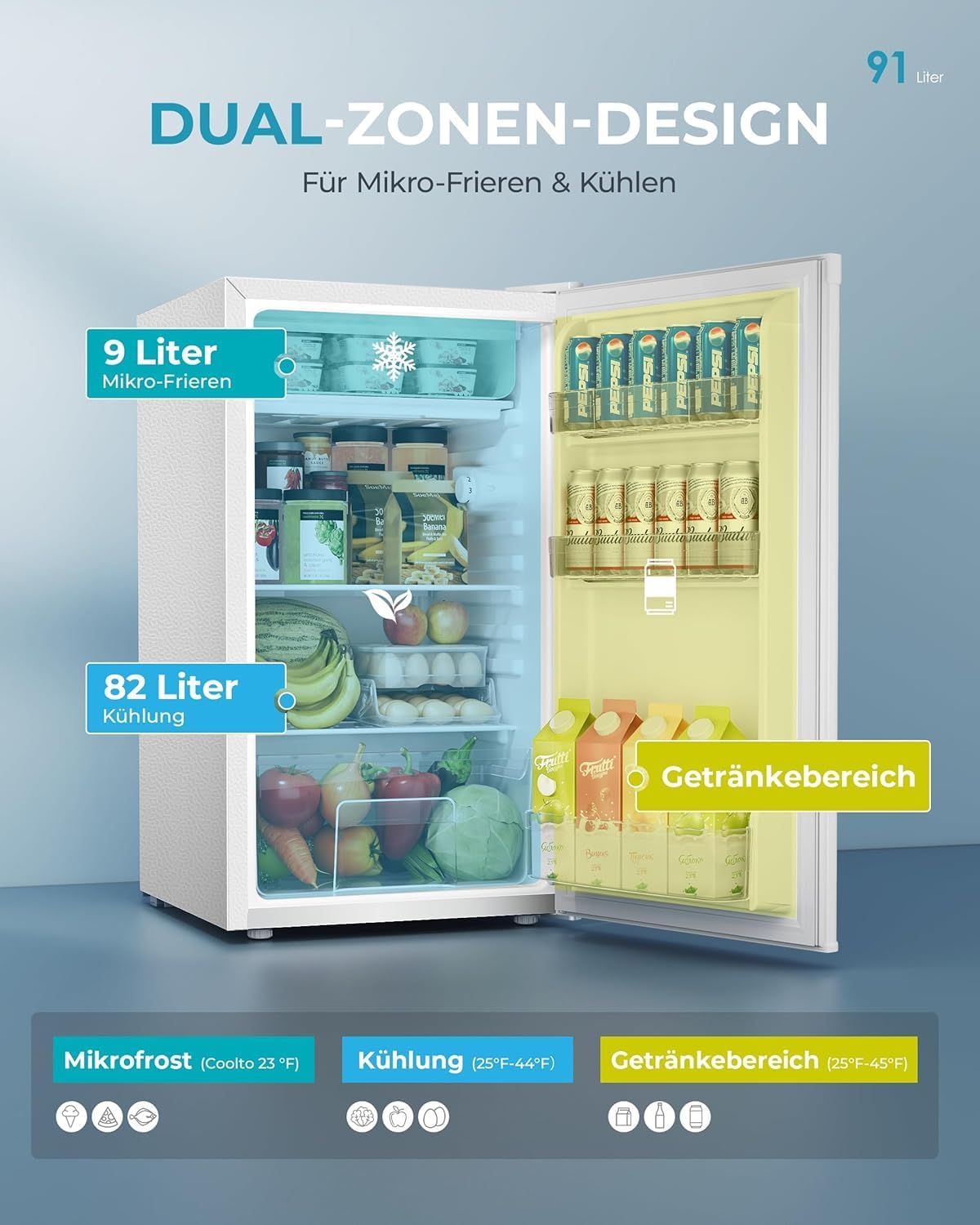 EUHOMY 91L Kühlschrank mit Gefrierfach klein& Gemüsefach (82L+9L) | 38dB Ultra-Leiser Mini Kühlschrank für Schlafzimmer/Büro | 7-Stufen Thermostat, Energieeffizien | 44.5x50x79cm Weiß