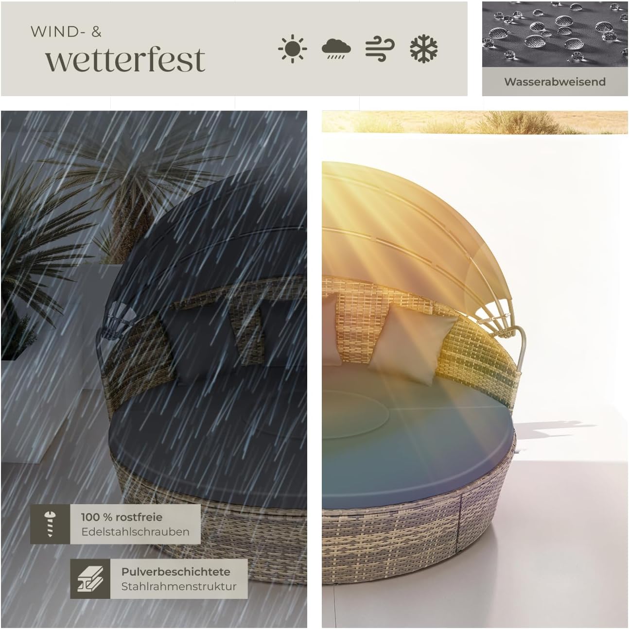 tectake® Lounge Muschel Sonneninsel Outdoor wetterfest, Gartenmuschel, Sonnenliege 2 Personen und mehr, multifunktionales Terrasse oder Balkon Möbel, Gartenliege wetterfest - Natur