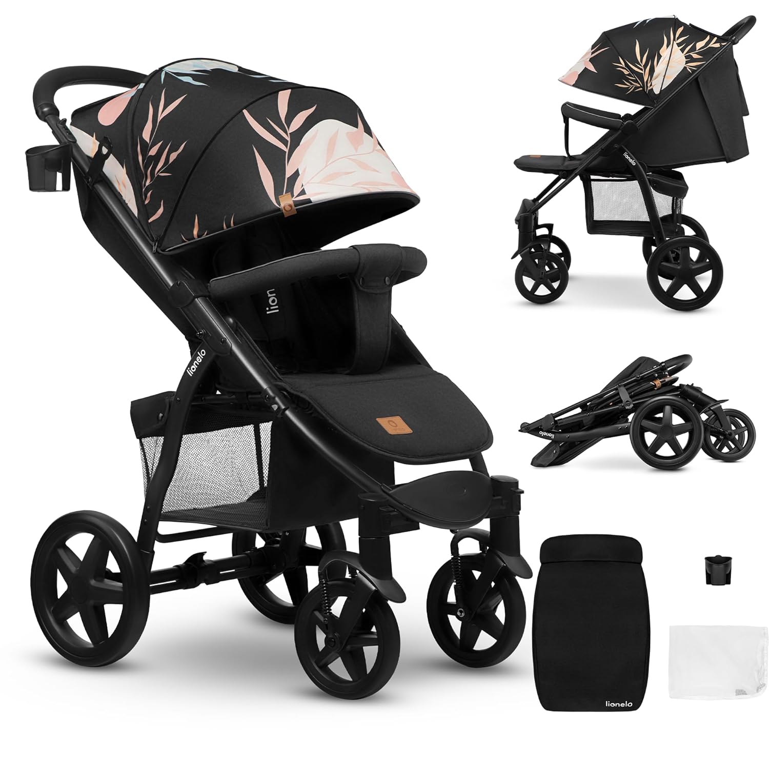 LIONELO Annet Plus Buggy bis 22 kg mit Liegefunktion, Kinderwagen klein zusammenklappbar mit Zubehör, Eva-Schaum-Räder, Moskitonetz, Fußdecke Getränkehalter, Korb