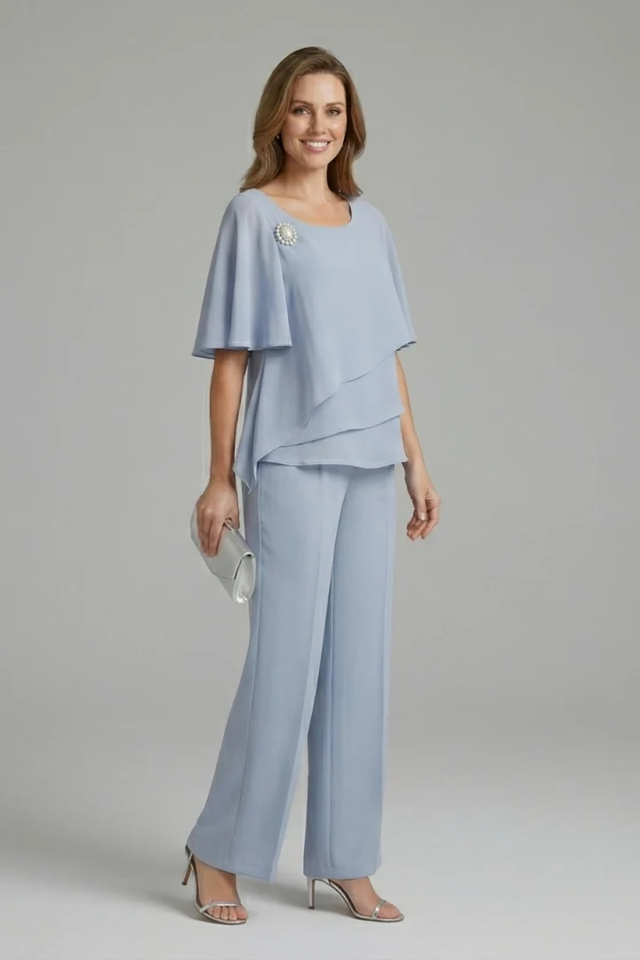 Damen Zweiteiler Set mit Lagenlook Oberteil und Hose mit geradem Bein | Modernes Set mit Rundhalsausschnitt und Schlupfhose