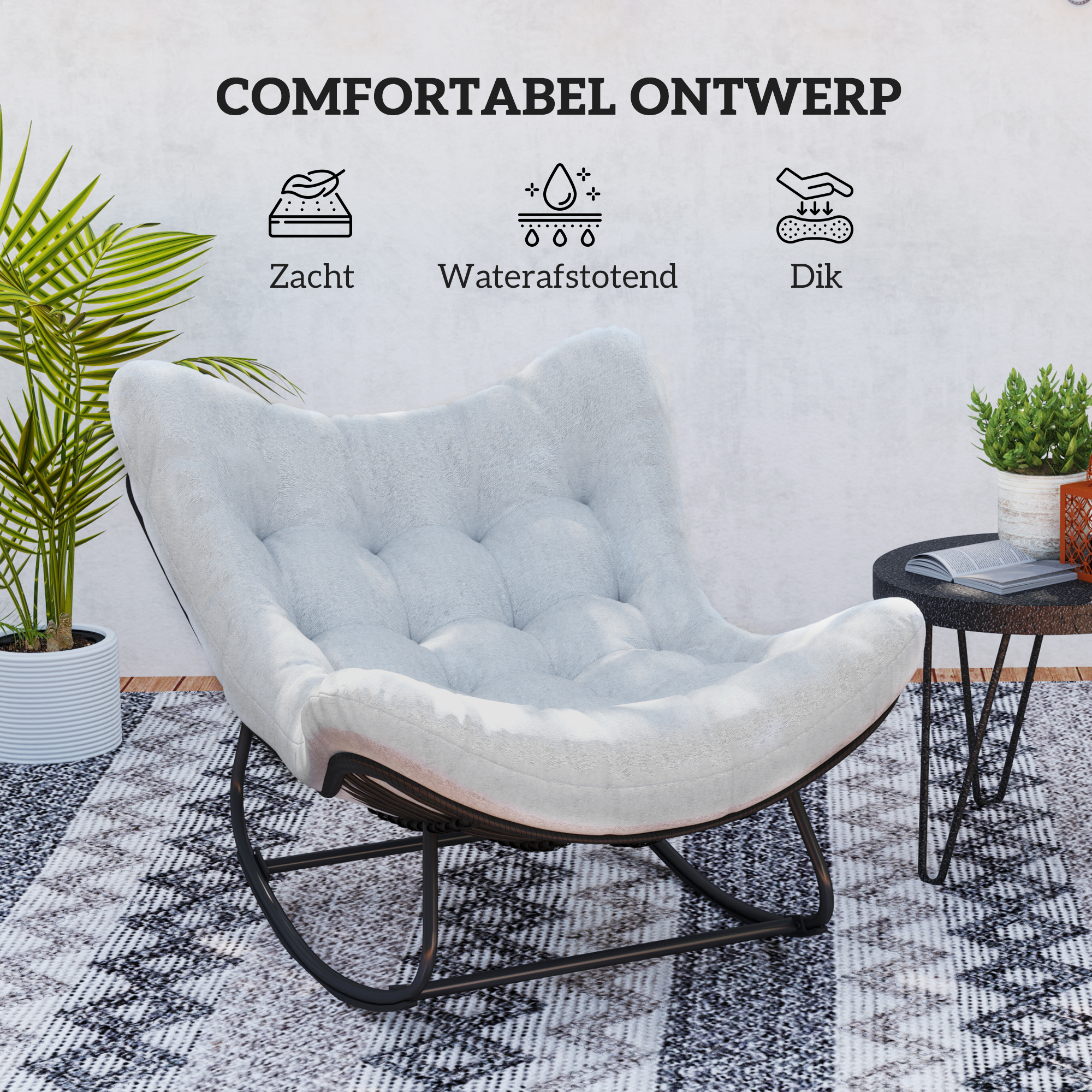 Rattan Schommelstoel Tuinbank met Stalen Frame en Kussen Schommelbank 98 x 111 x 74 cm Grijs