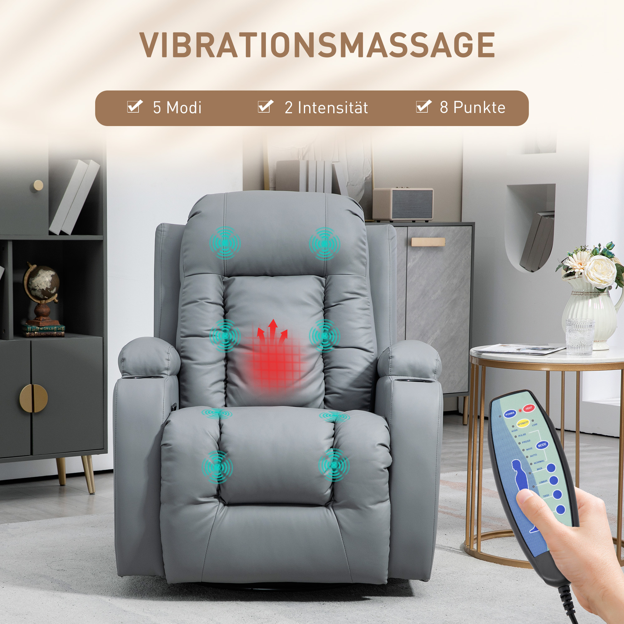 Massagestoel met Wip-, Lig- & Verwarmingsfunctie, Timer, 5 Modi, Draaibaar, Lichtgrijs