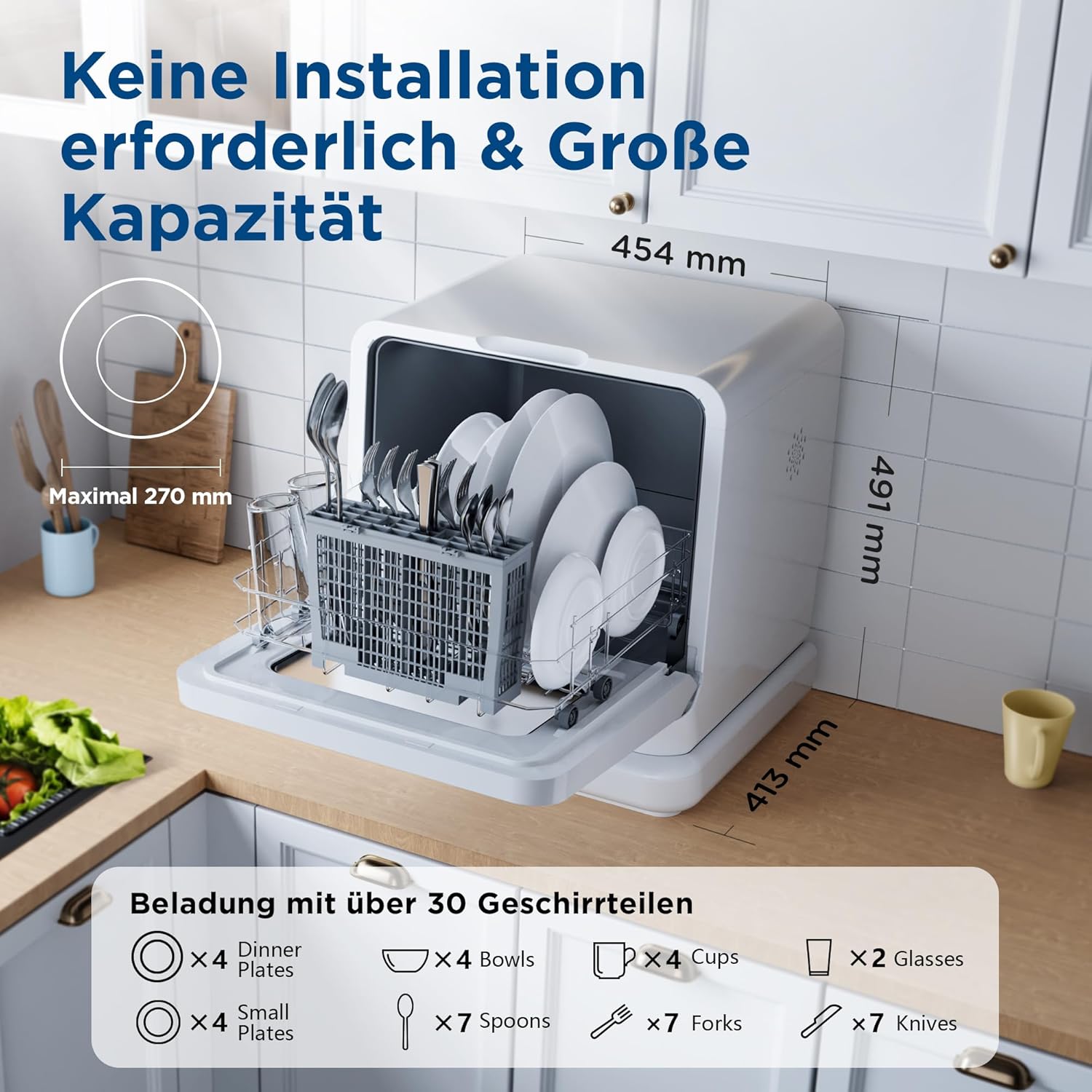 Gudsunal Tischgeschirrspüler, Mini Geschirrspüler mit 7L Wassertank,ohne Wasseranschluss, 6 Programme,72°C Hochtemperatur-Hygiene,Hybrid-Trocknung & Erhaltungsfunktion, Spülmaschine klein für Camping