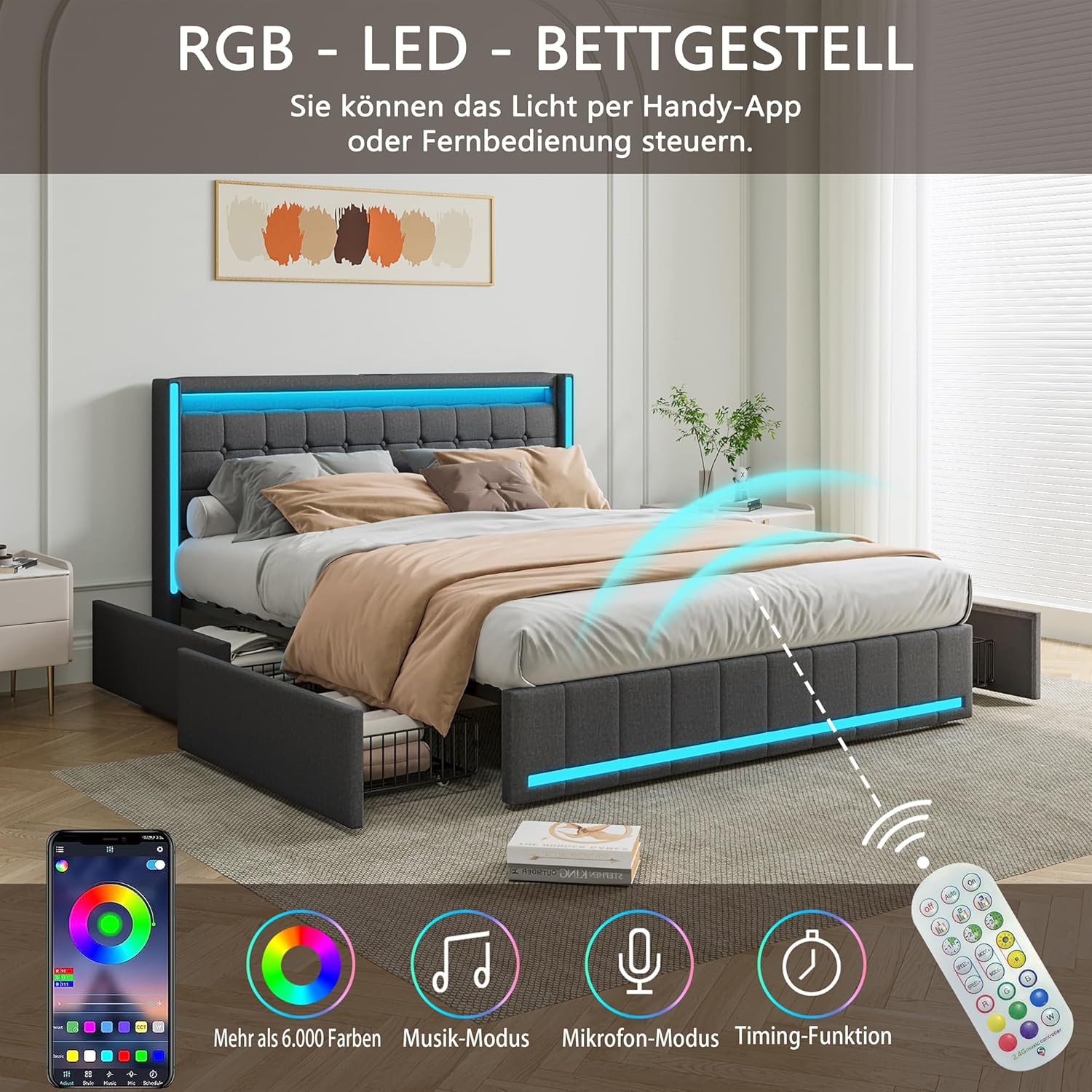 Polsterbett 180x200 mit Stauraum, Doppelbett mit LED und USB, Jugendbett mit 4 Schubladen, Bettgestell mit Kopfteil und Lattenrost, Leinen (Grau, 180 x 200 cm)