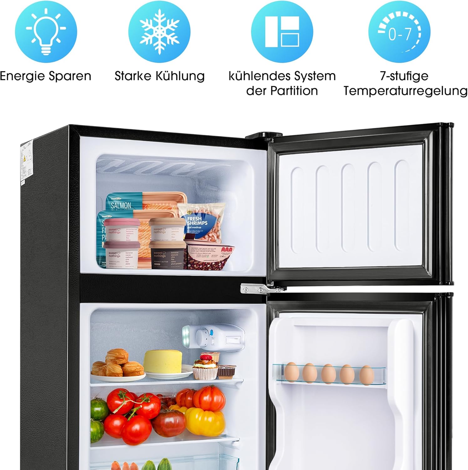 Merax Kühlschrank mit Gefrierfach, Kühl-Gefrierkombination, klein Kühlschrank mit 51L und Gefrierschrank 21L, Leise, LED, Glasablagen, Gemüsefach, Türablagen, für Küche, Wohnzimmer, Büro, Schwarz