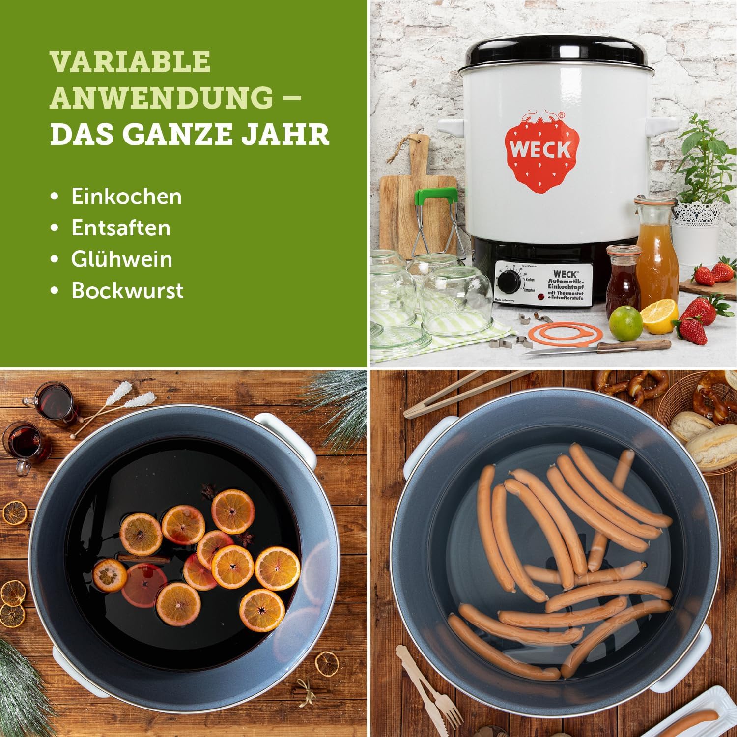 WECK Einkochautomat WAT14 (Finale Serie) Emaille mit Präzisionsthermostat – 29L Einkochtopf, Glühweinkocher, Dampfentsafter, Einweckautomat – Made in Germany, hochwertig & vielseitig