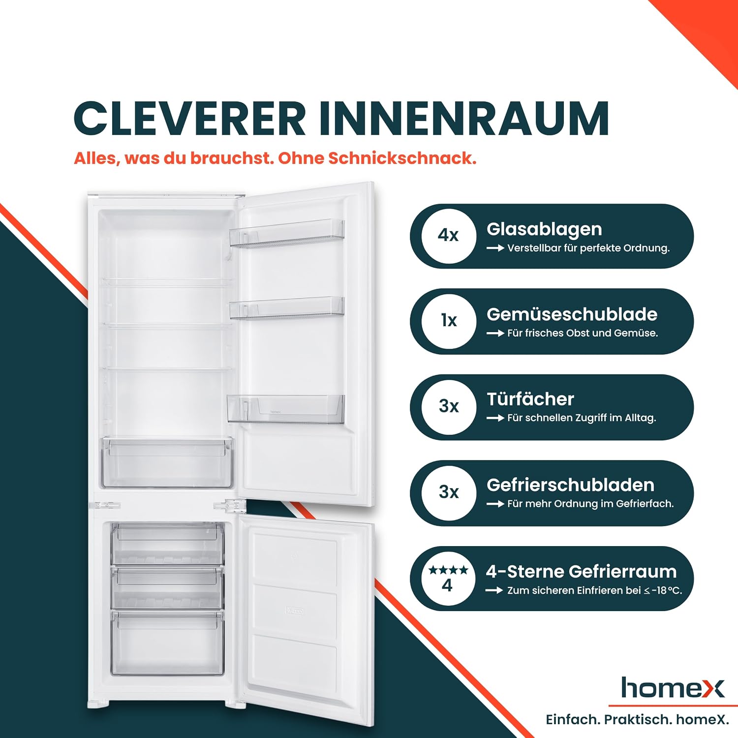 homeX CFB2491E Einbaukühlschrank mit Gefrierfach, Einbau Kühl Gefrierkombination, 178cm Nische - 249 Liter, Schlepptürtechnik, LED-Beleuchtung, leise 39 dB, Türanschlag wechselbar, 4-Sterne Gefrieren