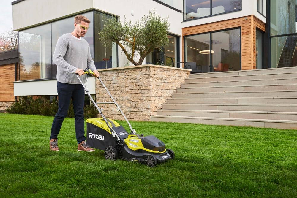RYOBI 18 V ONE+ Akku-Rasenmäher RLM18X33B40 (Schnittbreite 33 cm, 5-fache Höhenverstellung 25-65 mm, zusammenklappbares Griffgestänge, inkl. Mulchkeil, 35l Grasfangsack, 4,0Ah Akku & Ladegerät)