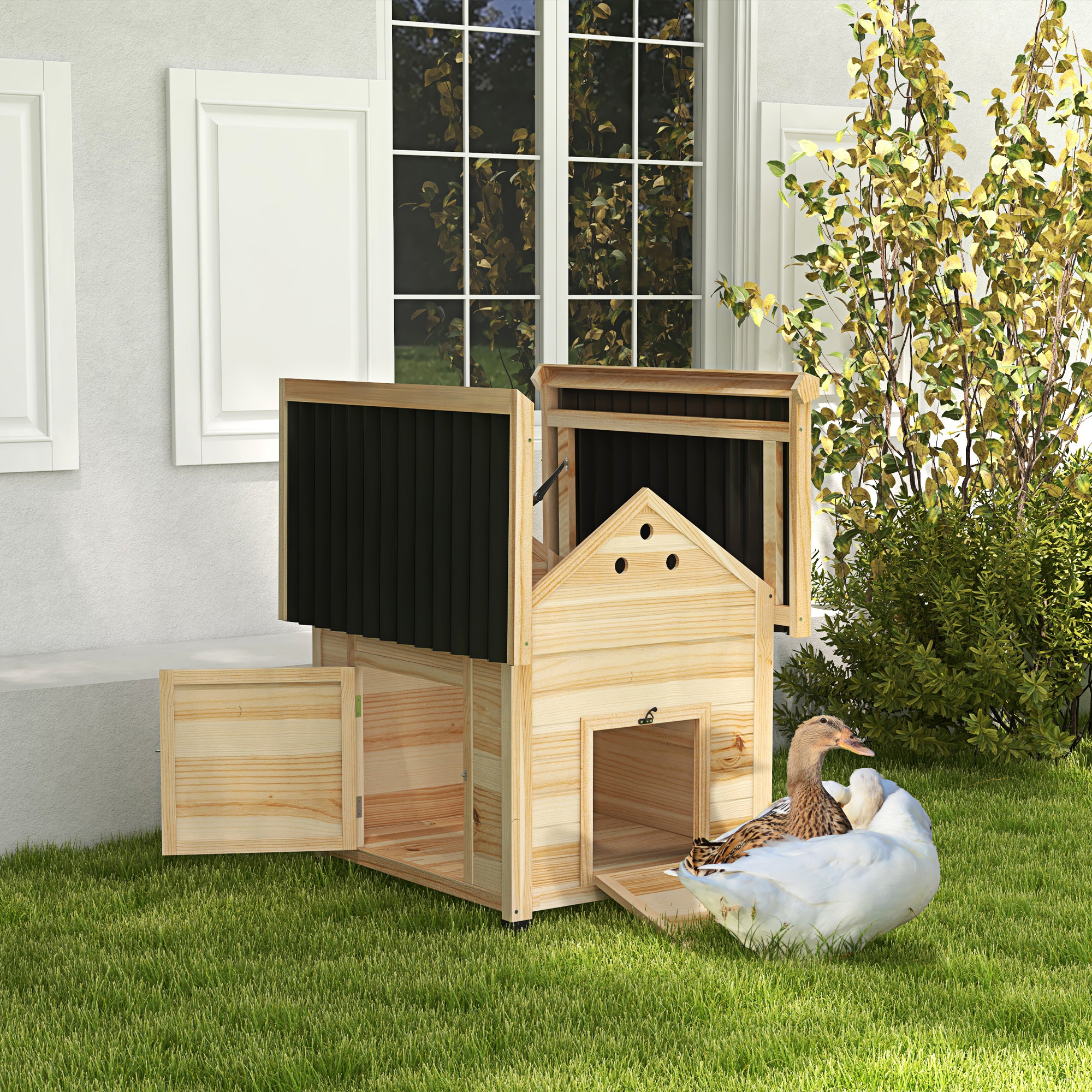 PawHut Entenhaus Eendenhok Kleindierenhok, weerbestendig, 2 ingangen, 2 hellingen, 78 x 90 x 92 cm, 'Natuur + Zwart'