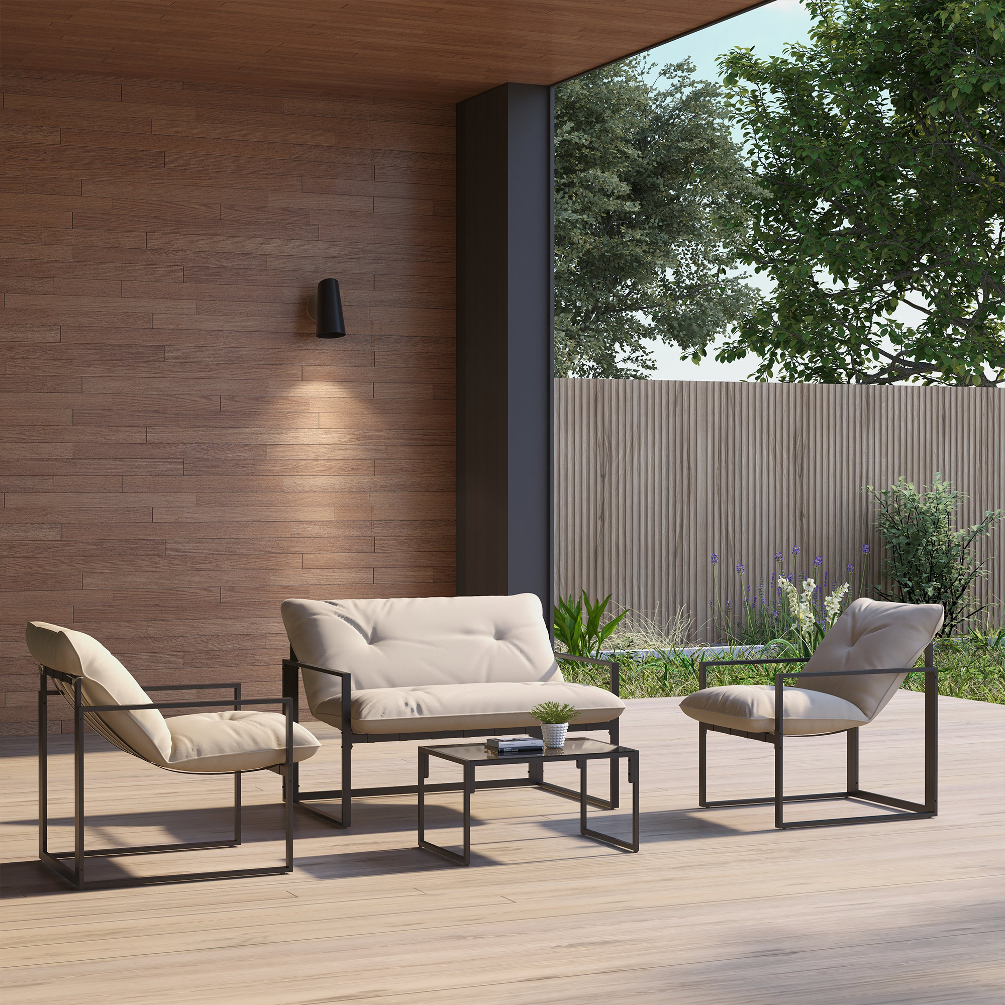 Tuinmeubelset met Glazen Tafel, 2 Stoelen, 1 Bank, Weerbestendig, 114 cm x 70 cm x 67 cm, Grijs+Beige