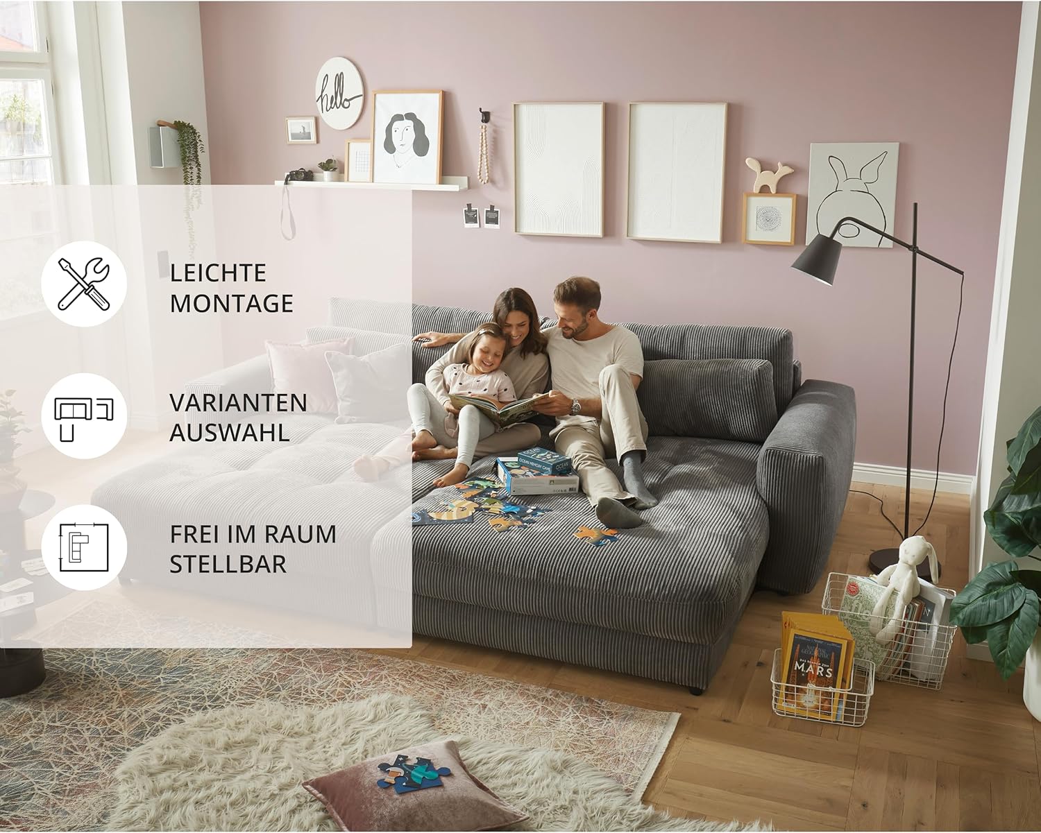 Big Sofa BARURA Cord dunkelgrau – XXL Couch mit großer Liegefläche, modernes Sofa 292x194 cm inklusive Nierenkissen