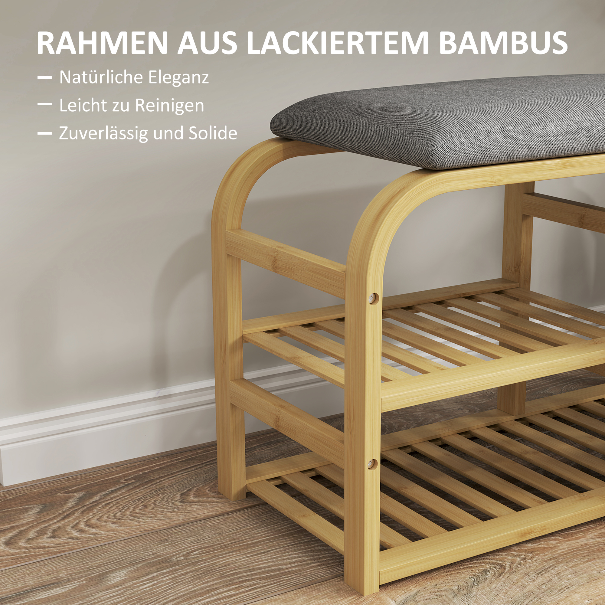 Schoenenbank met Rekken, Schoenopbergbank, Bamboe, Gestoffeerde Zitting, Grijs